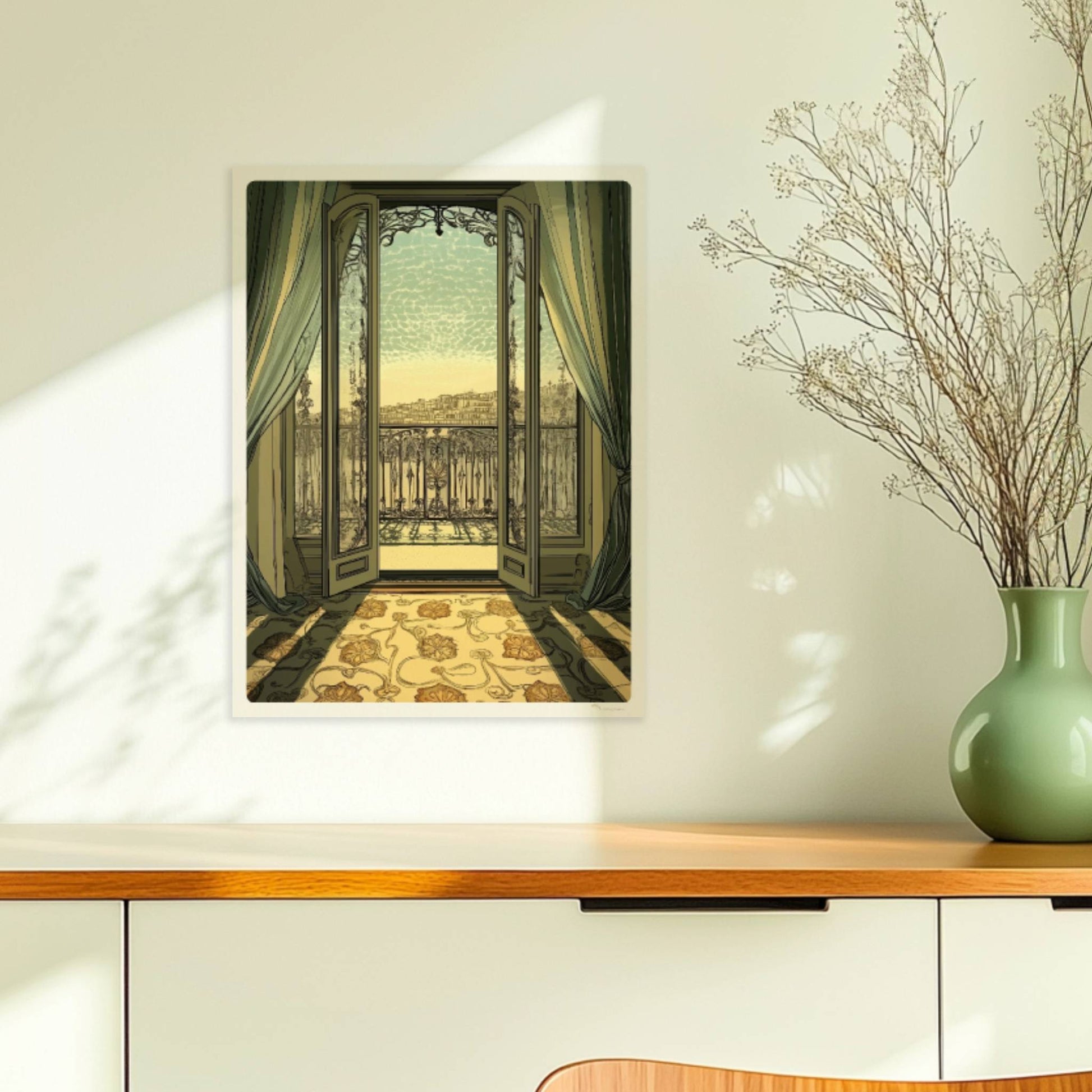 Offenes Jugendstil-Balkonfenster mit weichen Vorhängen, Sonnenlicht auf floralem Teppich und Stadtblick – eleganter Fensterblick im Interieur.. Ohne Rahmen 30x40
