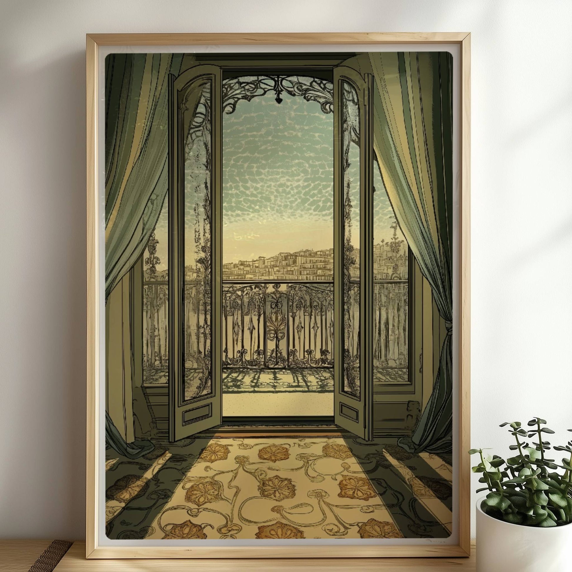Offenes Jugendstil-Balkonfenster mit weichen Vorhängen, Sonnenlicht auf floralem Teppich und Stadtblick – eleganter Fensterblick im Interieur.. Rahmen natur 50x70