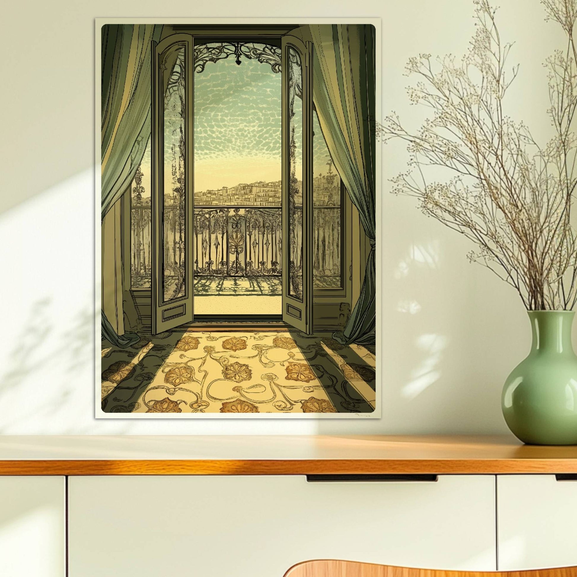 Offenes Jugendstil-Balkonfenster mit weichen Vorhängen, Sonnenlicht auf floralem Teppich und Stadtblick – eleganter Fensterblick im Interieur.. Ohne Rahmen 50x70