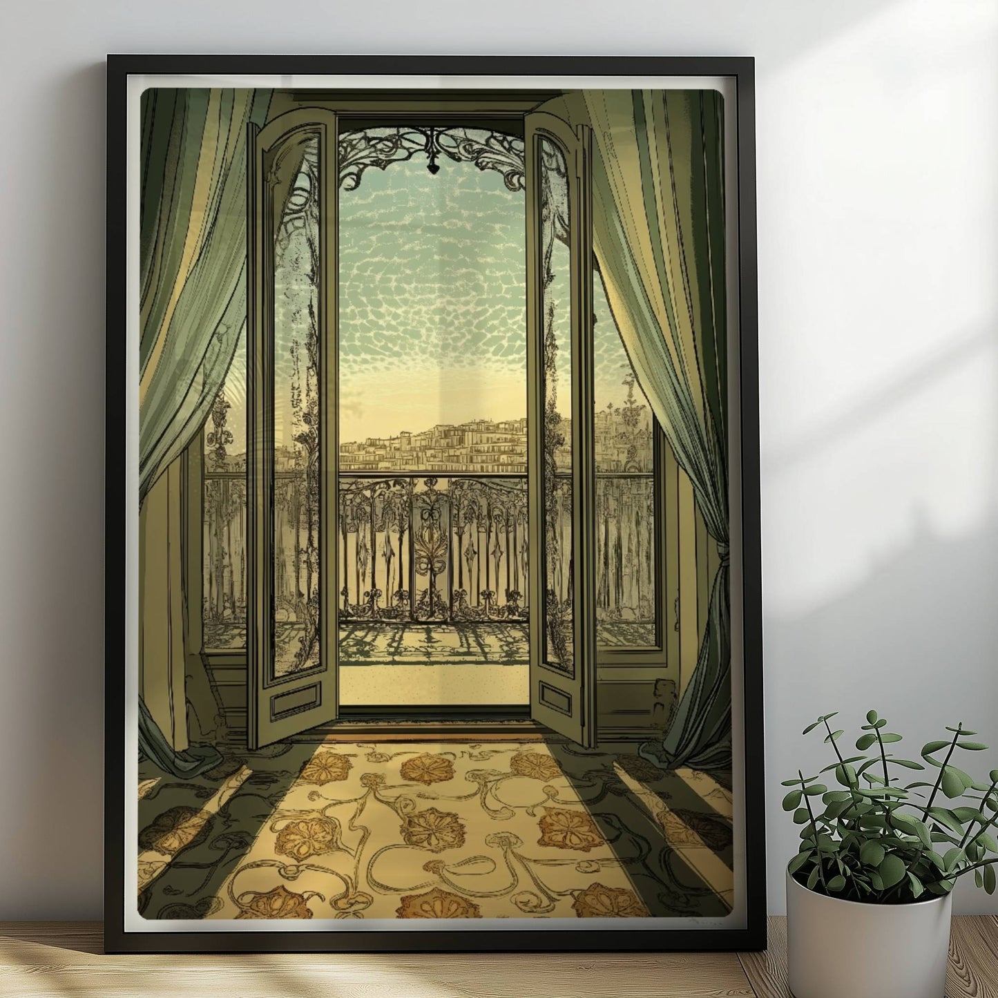 Offenes Jugendstil-Balkonfenster mit weichen Vorhängen, Sonnenlicht auf floralem Teppich und Stadtblick – eleganter Fensterblick im Interieur.. Rahmen schwarz 50x70