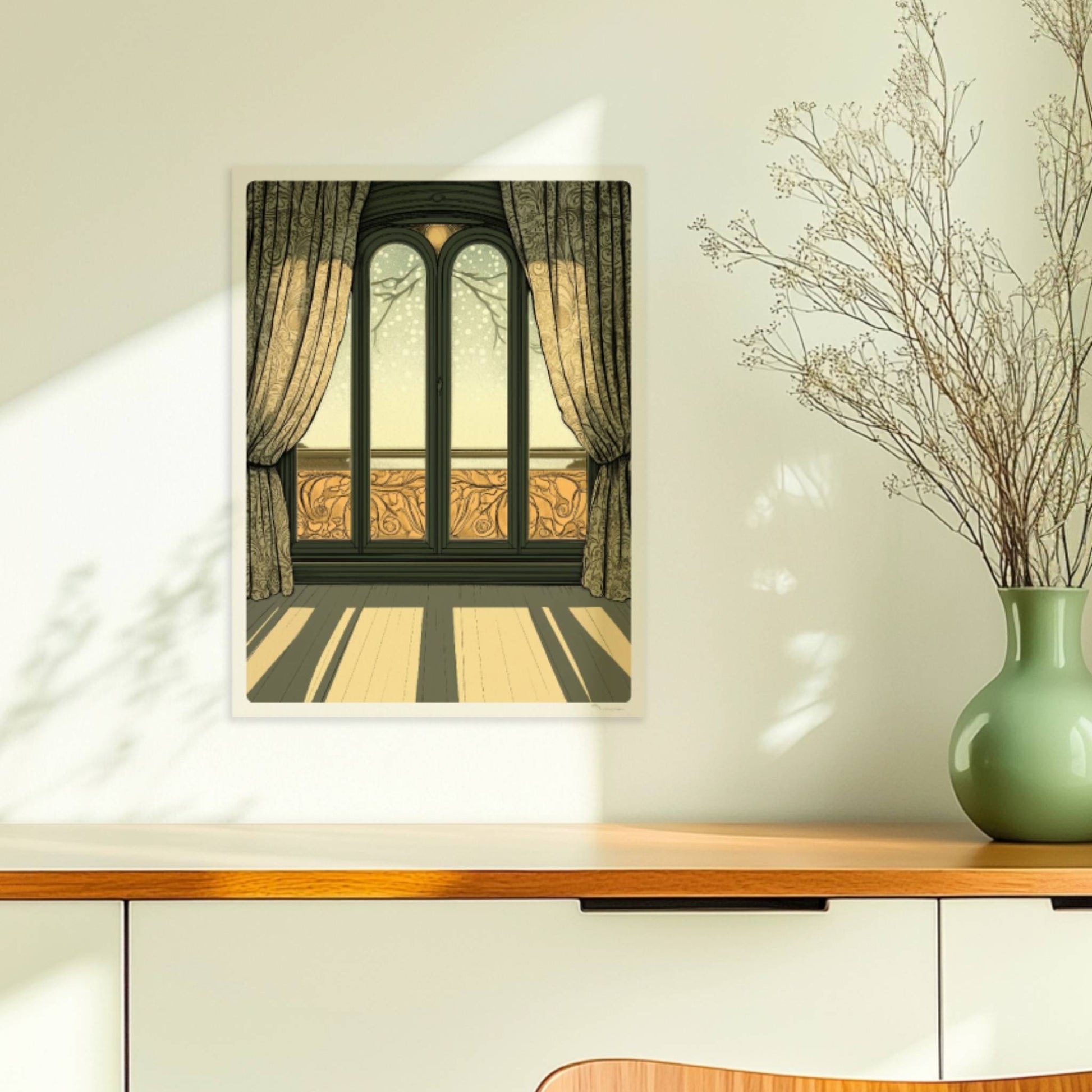 Sonnendurchflutetes Jugendstil-Fenster mit dekorativen Vorhängen, elegantem Musterbalkon und langem Schattenwurf im Raum – stilvoller Fensterblick.. Ohne Rahmen 30x40