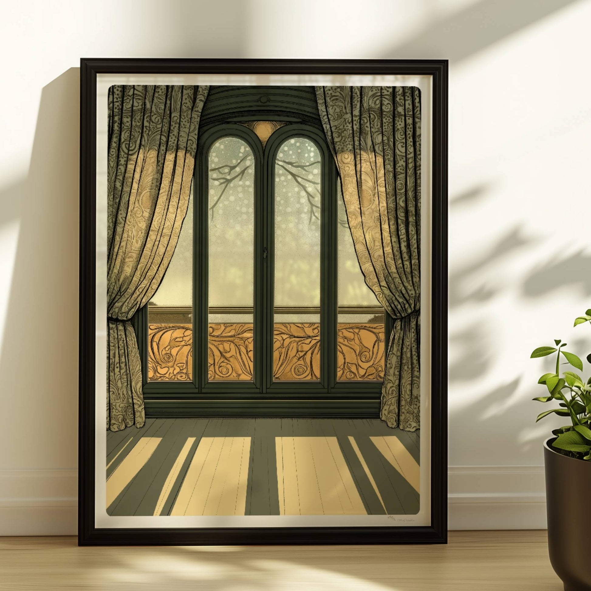 Sonnendurchflutetes Jugendstil-Fenster mit dekorativen Vorhängen, elegantem Musterbalkon und langem Schattenwurf im Raum – stilvoller Fensterblick.. Rahmen schwarz 30x40