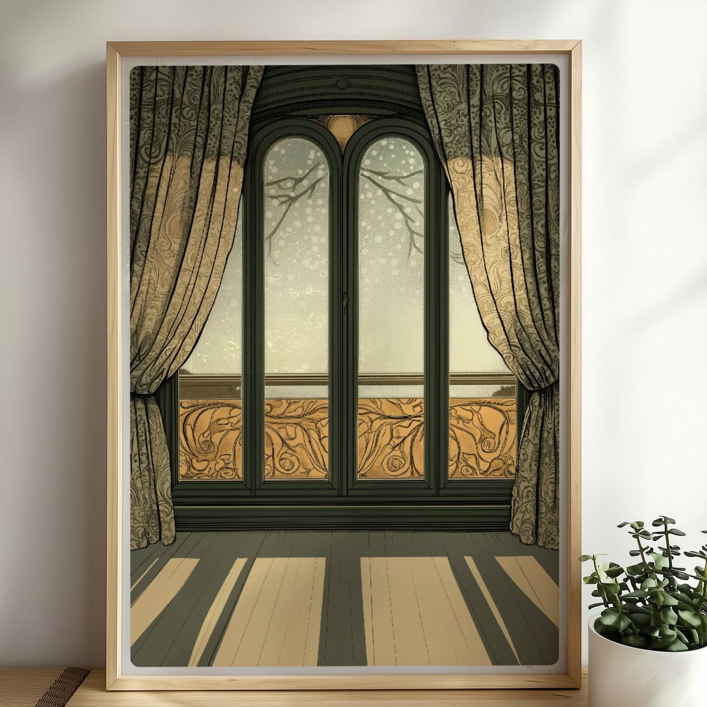 Sonnendurchflutetes Jugendstil-Fenster mit dekorativen Vorhängen, elegantem Musterbalkon und langem Schattenwurf im Raum – stilvoller Fensterblick.. Rahmen natur 50x70
