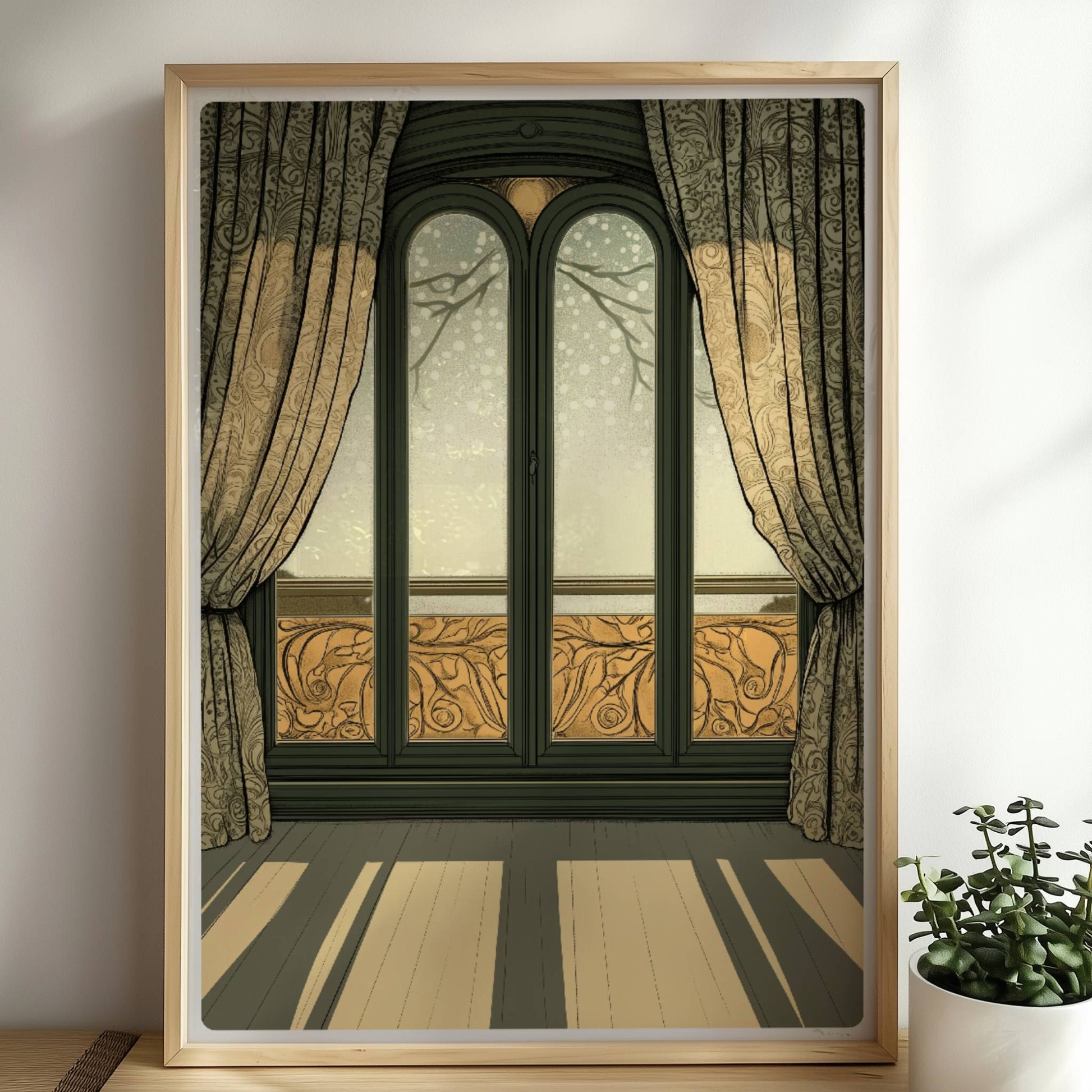 Sonnendurchflutetes Jugendstil-Fenster mit dekorativen Vorhängen, elegantem Musterbalkon und langem Schattenwurf im Raum – stilvoller Fensterblick.. Rahmen natur 50x70