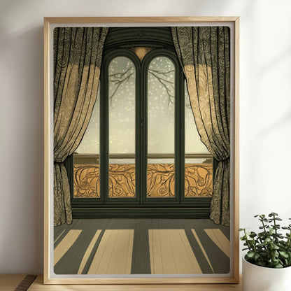 Sonnendurchflutetes Jugendstil-Fenster mit dekorativen Vorhängen, elegantem Musterbalkon und langem Schattenwurf im Raum – stilvoller Fensterblick.. Rahmen natur 50x70