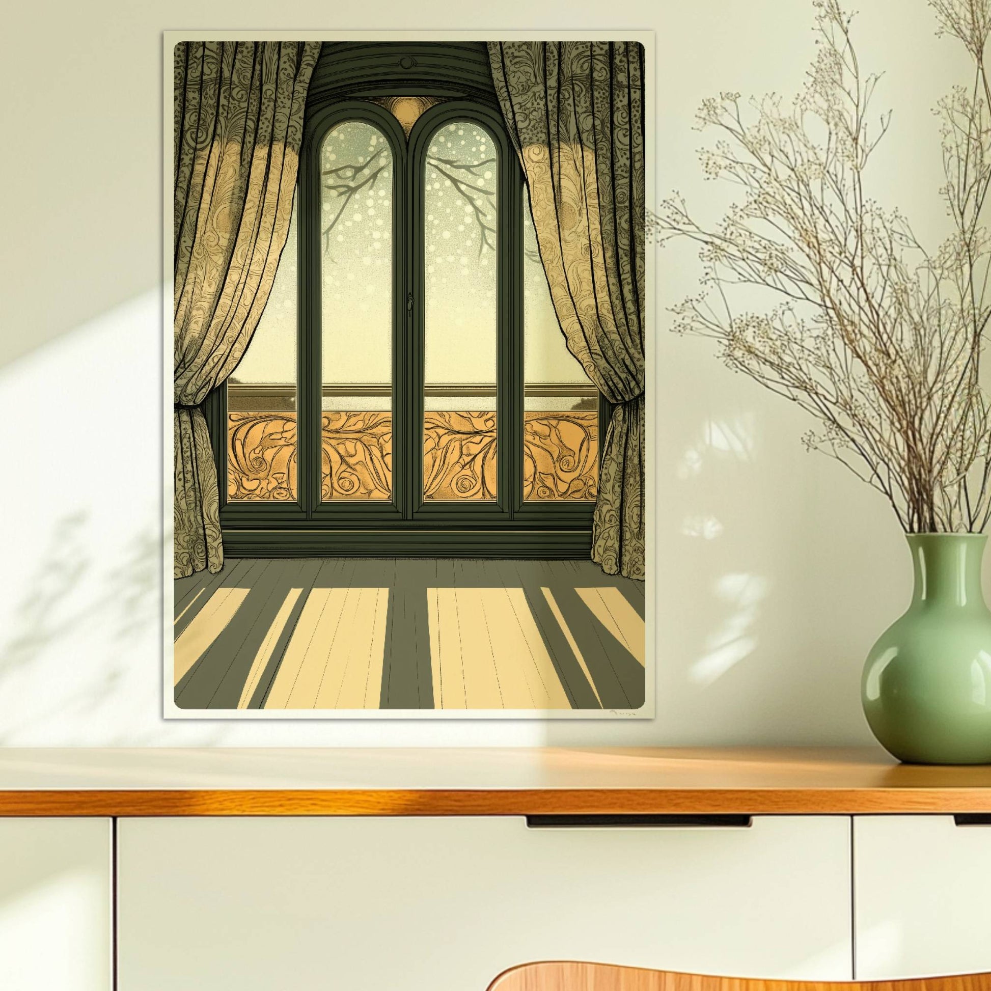 Sonnendurchflutetes Jugendstil-Fenster mit dekorativen Vorhängen, elegantem Musterbalkon und langem Schattenwurf im Raum – stilvoller Fensterblick.. Ohne Rahmen 50x70