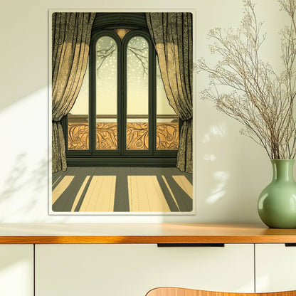 Sonnendurchflutetes Jugendstil-Fenster mit dekorativen Vorhängen, elegantem Musterbalkon und langem Schattenwurf im Raum – stilvoller Fensterblick.. Ohne Rahmen 50x70