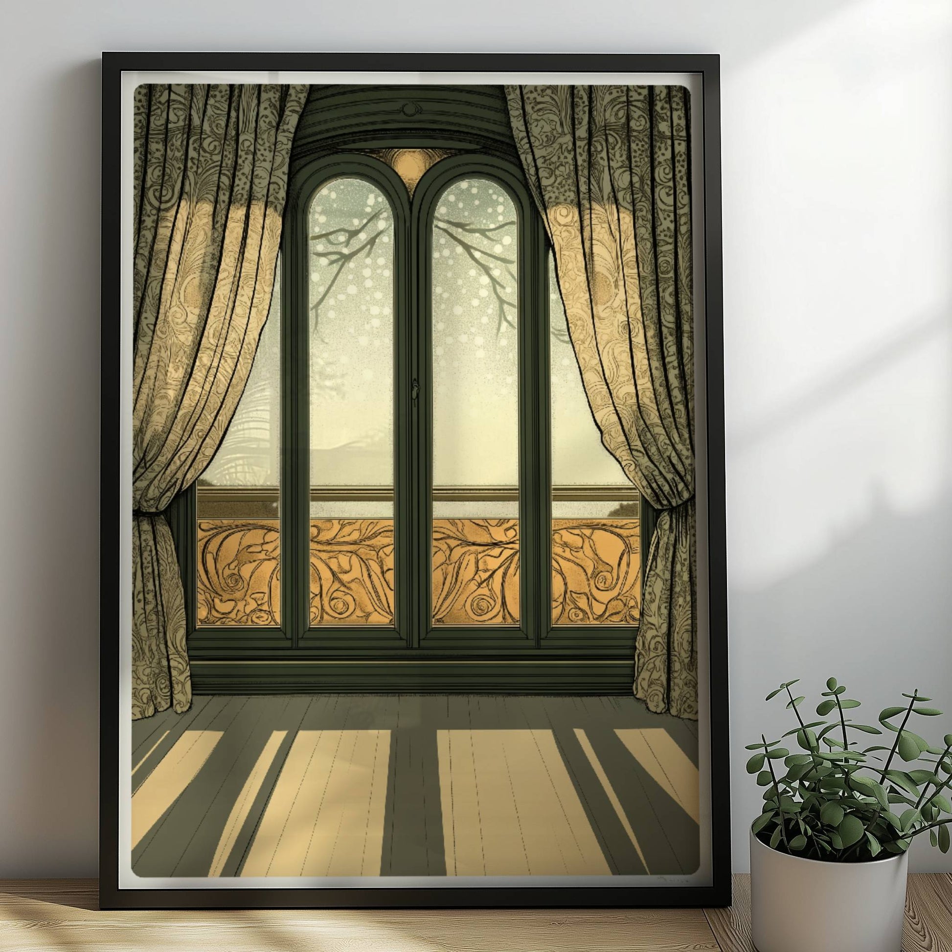 Sonnendurchflutetes Jugendstil-Fenster mit dekorativen Vorhängen, elegantem Musterbalkon und langem Schattenwurf im Raum – stilvoller Fensterblick.. Rahmen schwarz 50x70