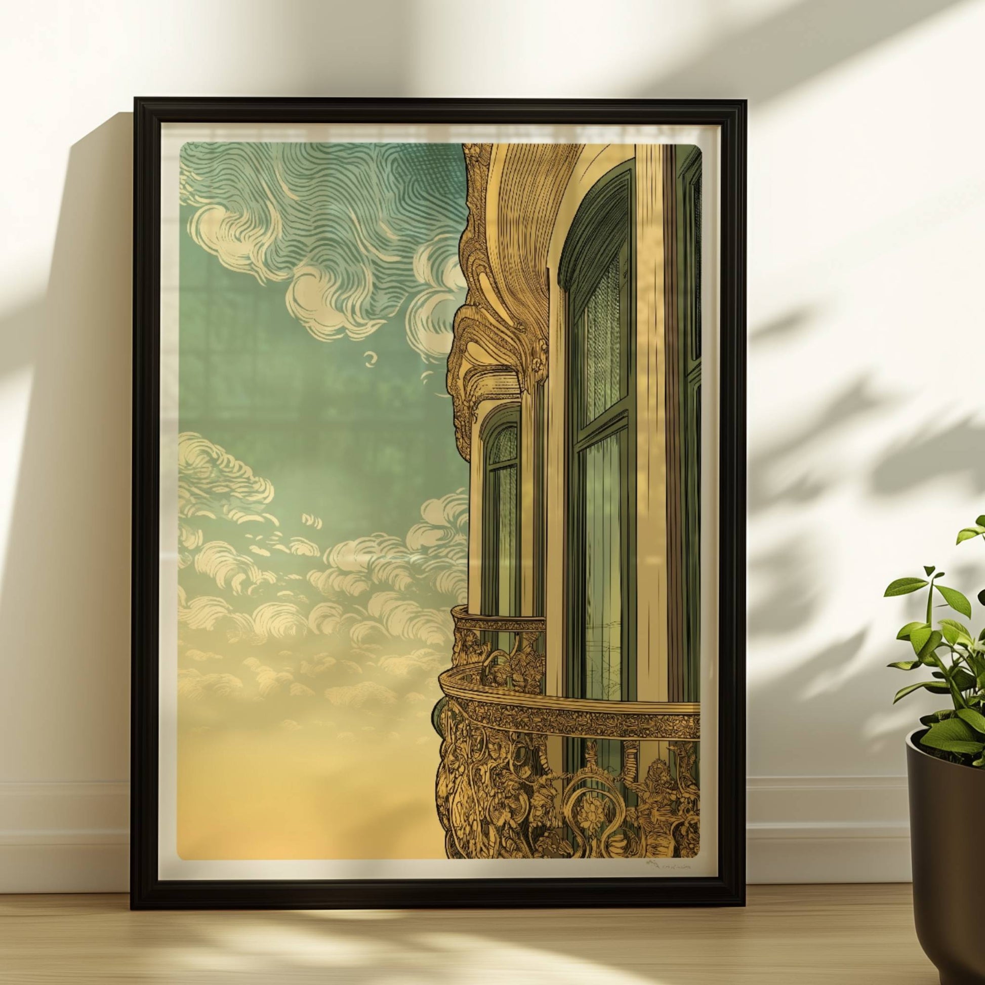 Prächtig verzierter Jugendstil-Balkon mit eleganten Fenstern und wirbelnden Wolken am Himmel – romantischer Fassadenblick.. Rahmen schwarz 30x40