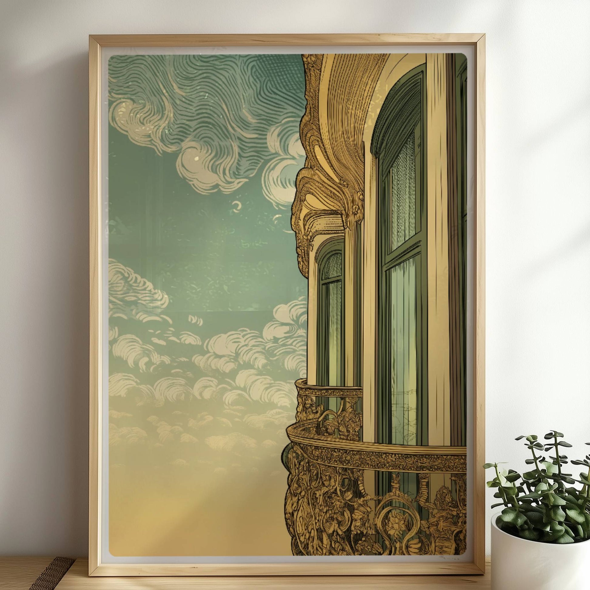 Prächtig verzierter Jugendstil-Balkon mit eleganten Fenstern und wirbelnden Wolken am Himmel – romantischer Fassadenblick.. Rahmen natur 50x70