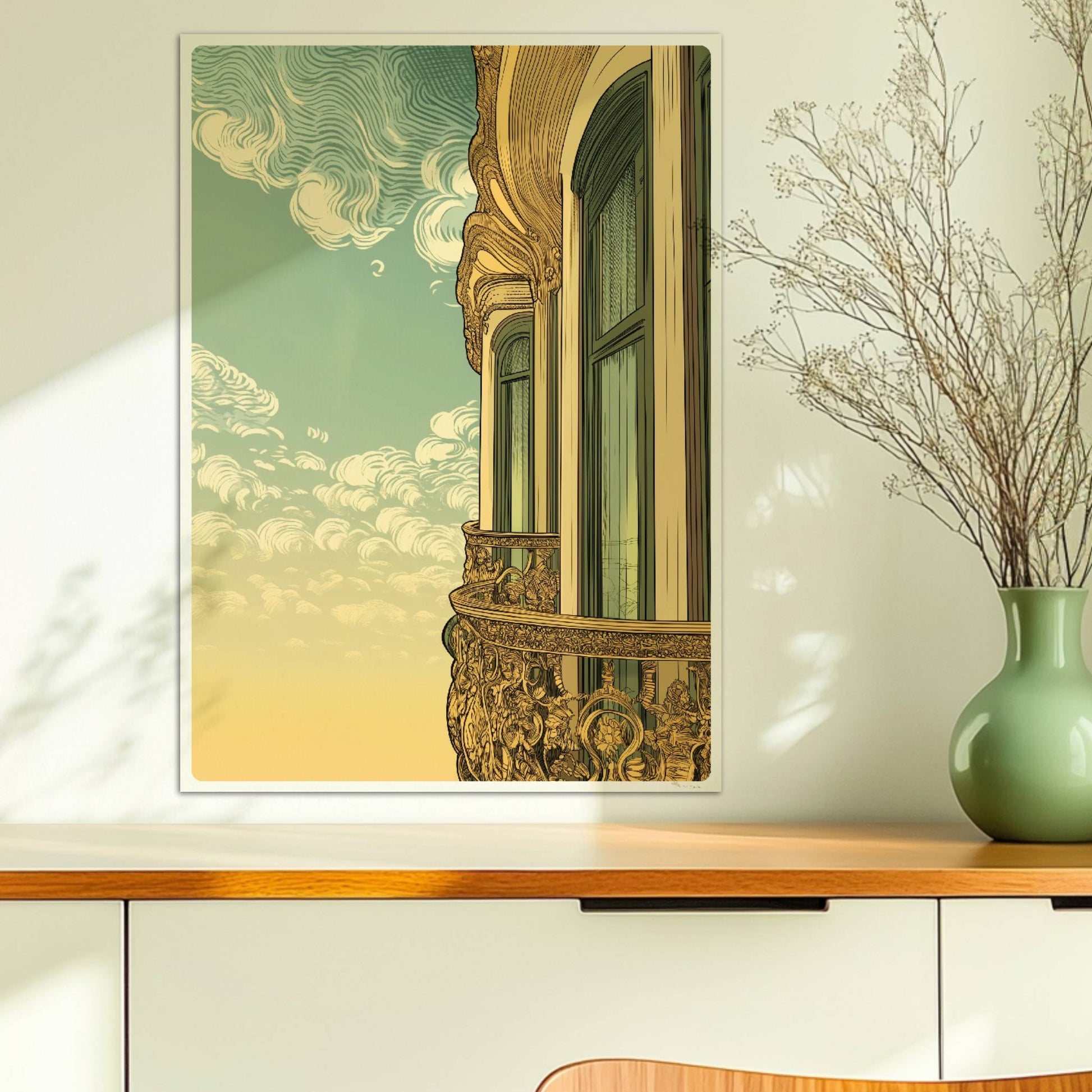 Prächtig verzierter Jugendstil-Balkon mit eleganten Fenstern und wirbelnden Wolken am Himmel – romantischer Fassadenblick.. Ohne Rahmen 50x70