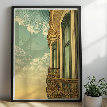 Prächtig verzierter Jugendstil-Balkon mit eleganten Fenstern und wirbelnden Wolken am Himmel – romantischer Fassadenblick.. Rahmen schwarz 50x70