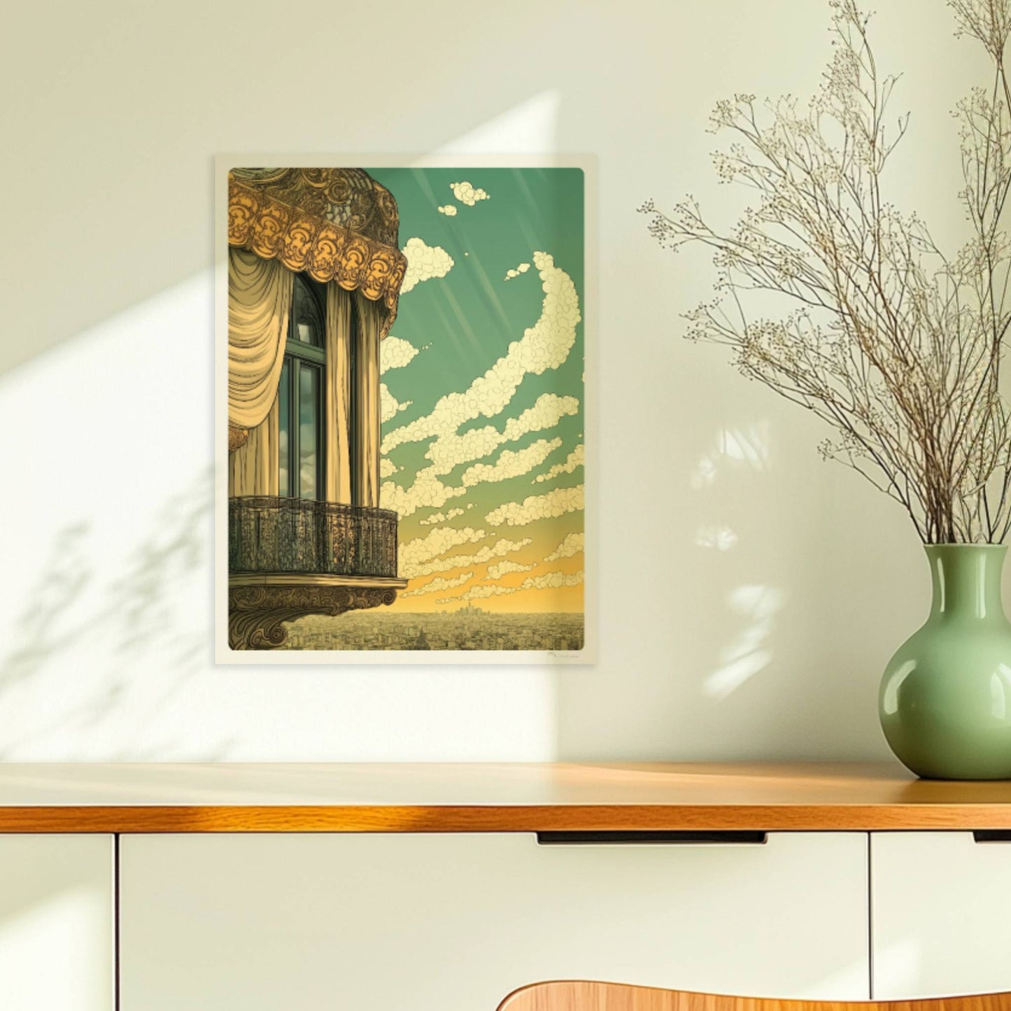 Prunkvoller Jugendstil-Balkon mit geschwungenen Vorhängen und weitem Stadtblick unter strahlendem Himmel.. Ohne Rahmen 30x40