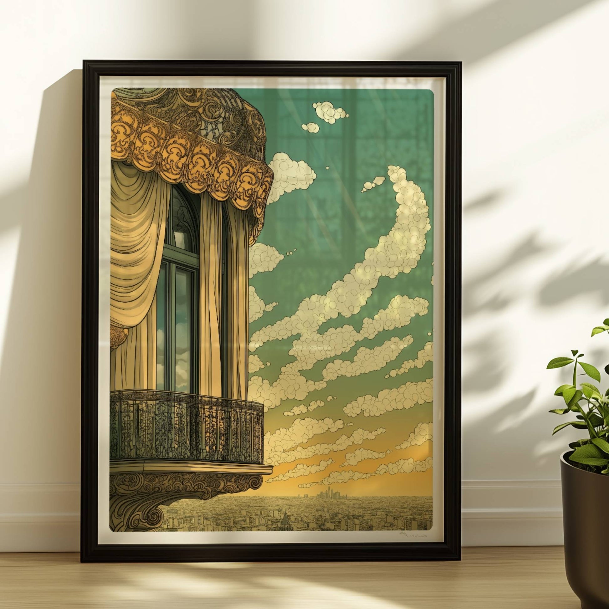 Prunkvoller Jugendstil-Balkon mit geschwungenen Vorhängen und weitem Stadtblick unter strahlendem Himmel.. Rahmen schwarz 30x40