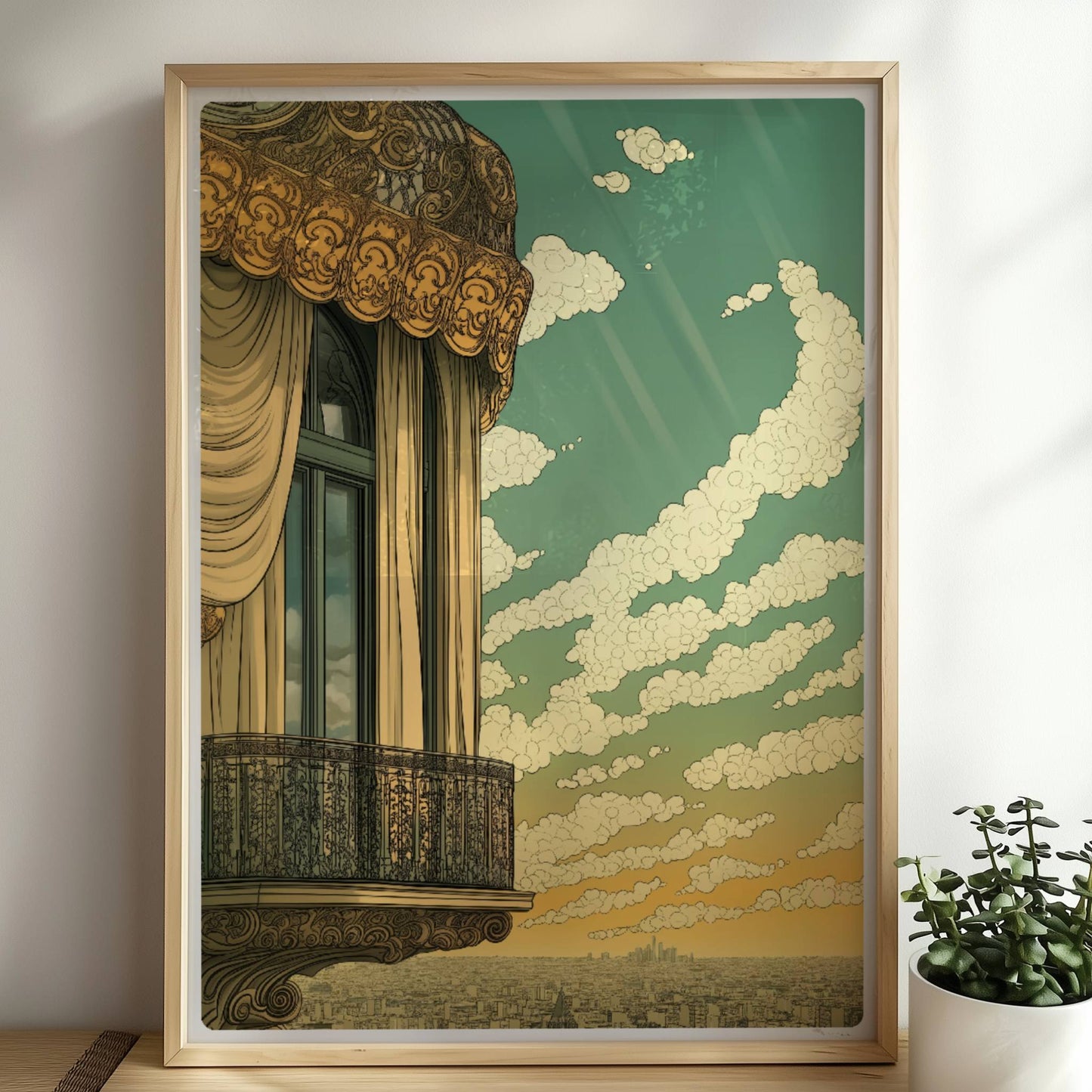 Prunkvoller Jugendstil-Balkon mit geschwungenen Vorhängen und weitem Stadtblick unter strahlendem Himmel.. Rahmen natur 50x70