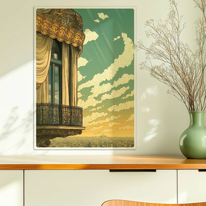 Prunkvoller Jugendstil-Balkon mit geschwungenen Vorhängen und weitem Stadtblick unter strahlendem Himmel.. Ohne Rahmen 50x70