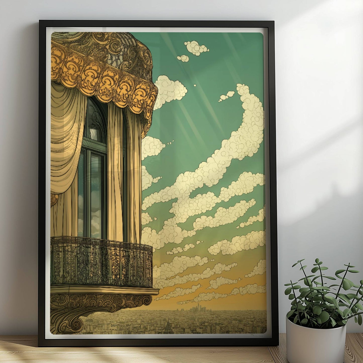Prunkvoller Jugendstil-Balkon mit geschwungenen Vorhängen und weitem Stadtblick unter strahlendem Himmel.. Rahmen schwarz 50x70