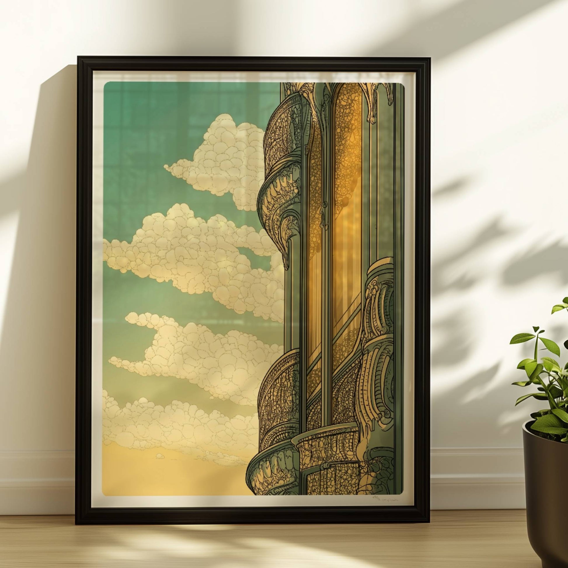 Jugendstil-Fassadendetail mit geschwungenen Balkonen, goldenen Spiegelungen und dekorativen Elementen vor sonnigem Himmel.. Rahmen schwarz 30x40