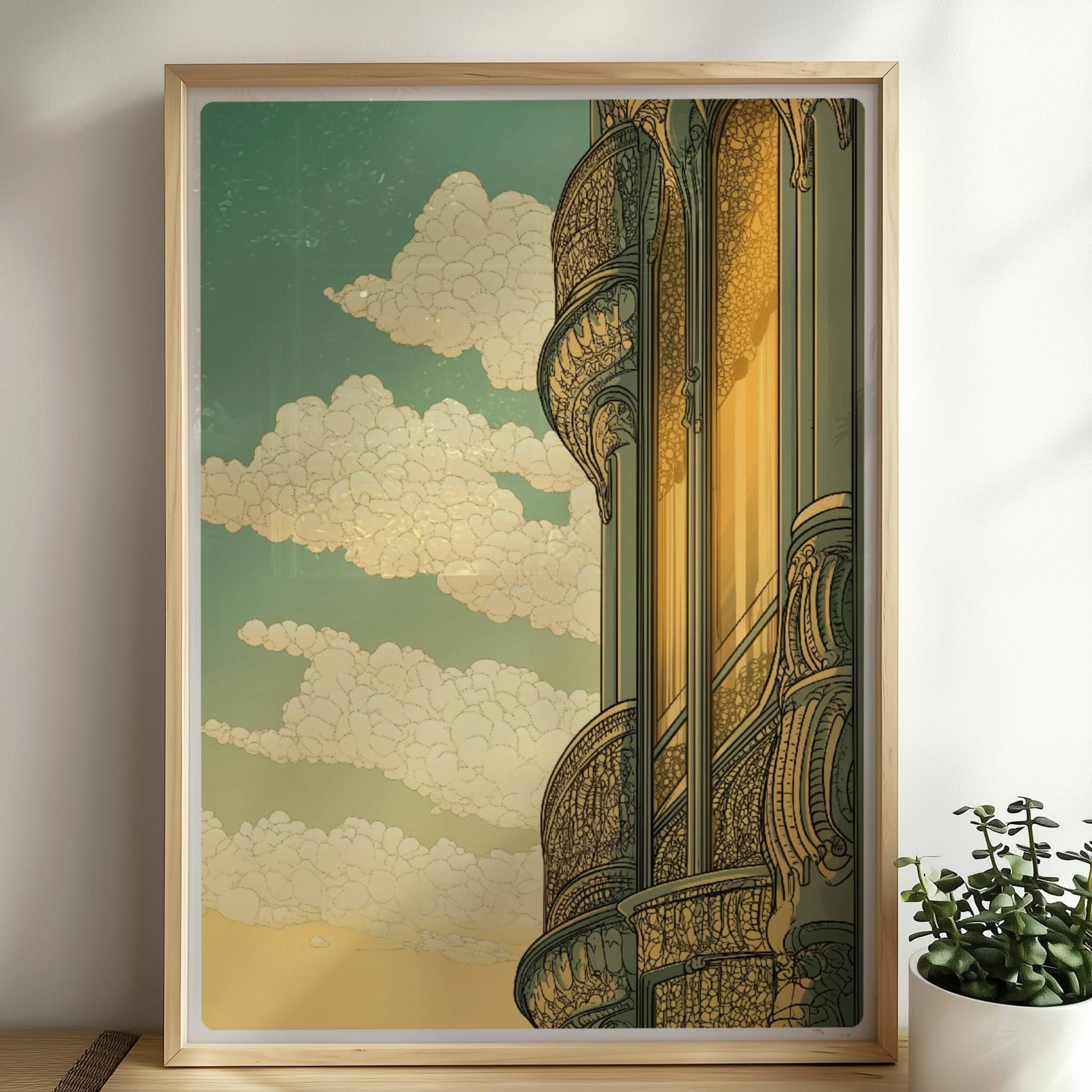 Jugendstil-Fassadendetail mit geschwungenen Balkonen, goldenen Spiegelungen und dekorativen Elementen vor sonnigem Himmel.. Rahmen natur 50x70