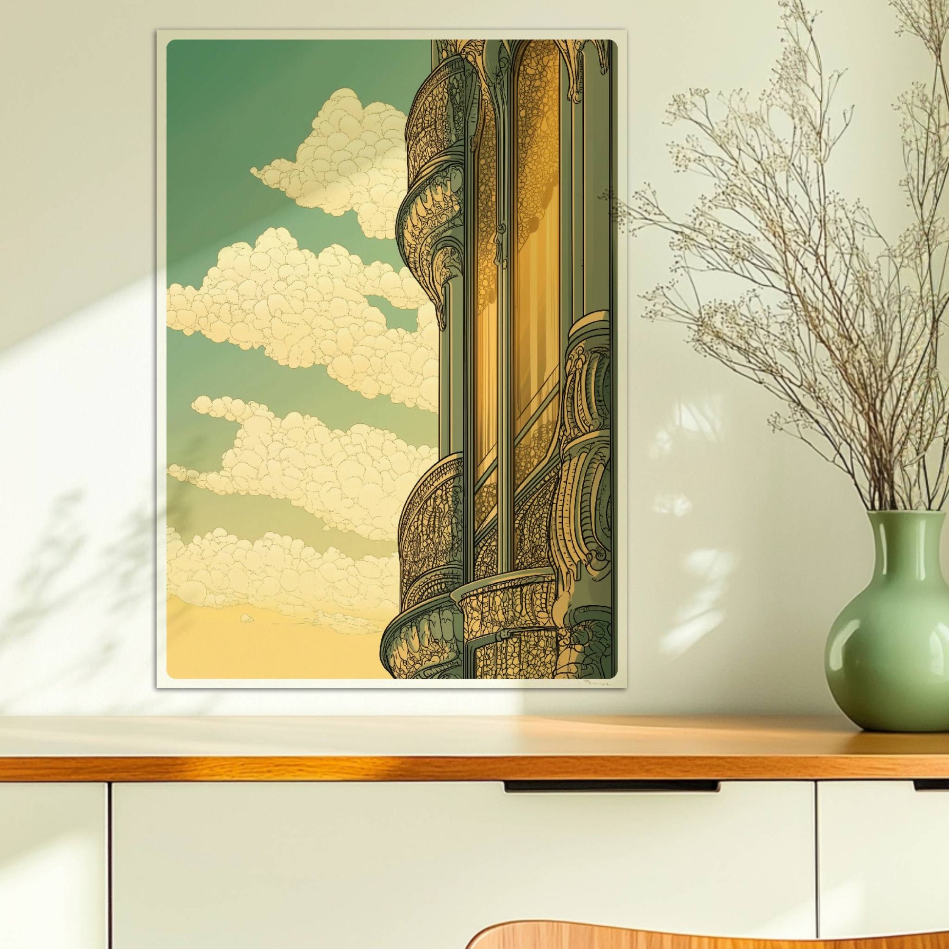 Jugendstil-Fassadendetail mit geschwungenen Balkonen, goldenen Spiegelungen und dekorativen Elementen vor sonnigem Himmel.. Ohne Rahmen 50x70