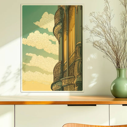 Jugendstil-Fassadendetail mit geschwungenen Balkonen, goldenen Spiegelungen und dekorativen Elementen vor sonnigem Himmel.. Ohne Rahmen 50x70