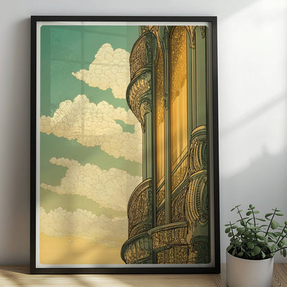 Jugendstil-Fassadendetail mit geschwungenen Balkonen, goldenen Spiegelungen und dekorativen Elementen vor sonnigem Himmel.. Rahmen schwarz 50x70