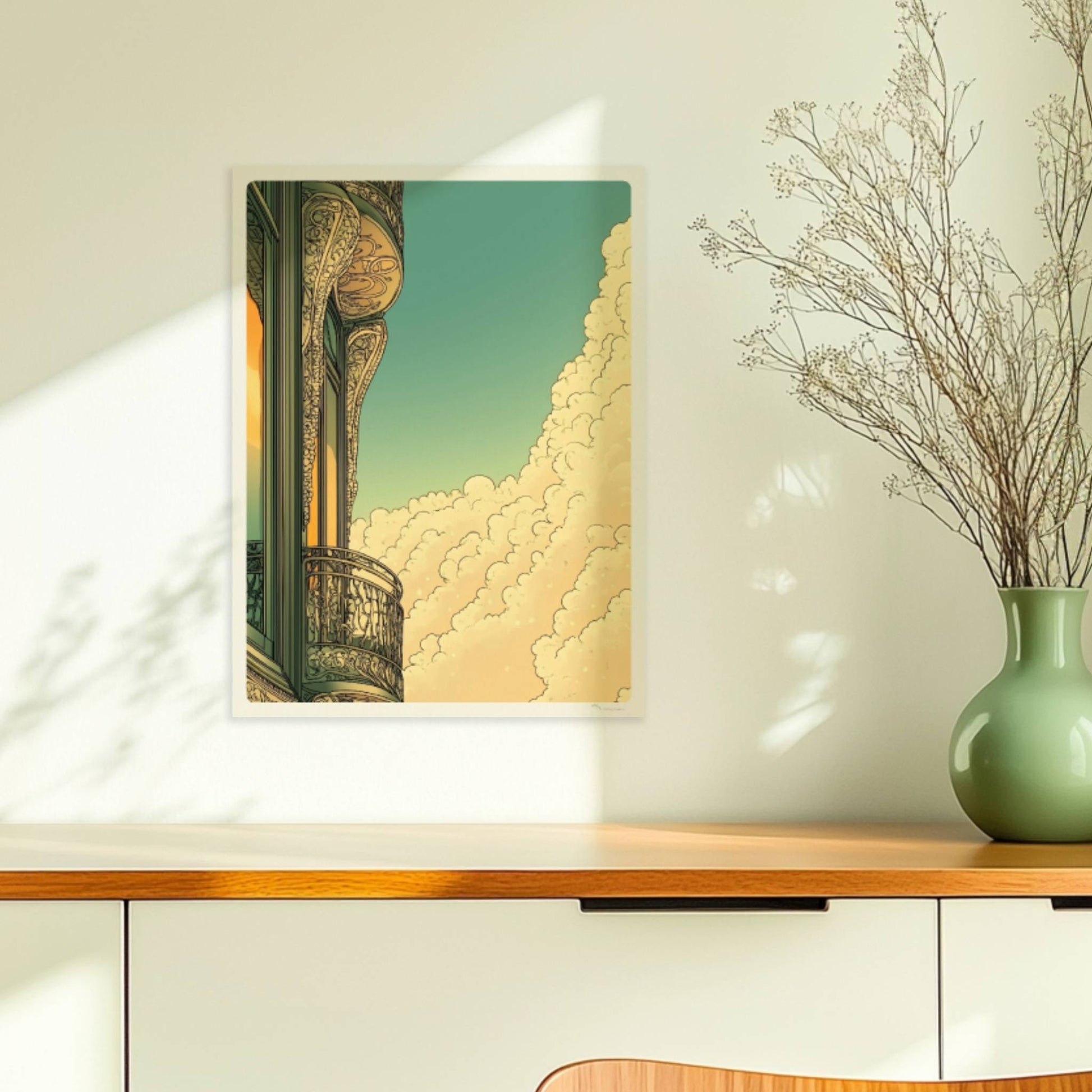 Jugendstil-Balkon mit filigranen Ornamenten, goldenen Spiegelungen und dramatischem Wolkenspiel vor blauem Himmel.. Ohne Rahmen 30x40