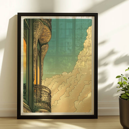 Jugendstil-Balkon mit filigranen Ornamenten, goldenen Spiegelungen und dramatischem Wolkenspiel vor blauem Himmel.. Rahmen schwarz 30x40