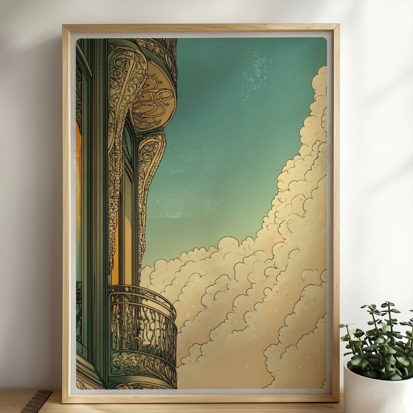 Jugendstil-Balkon mit filigranen Ornamenten, goldenen Spiegelungen und dramatischem Wolkenspiel vor blauem Himmel.. Rahmen natur 50x70