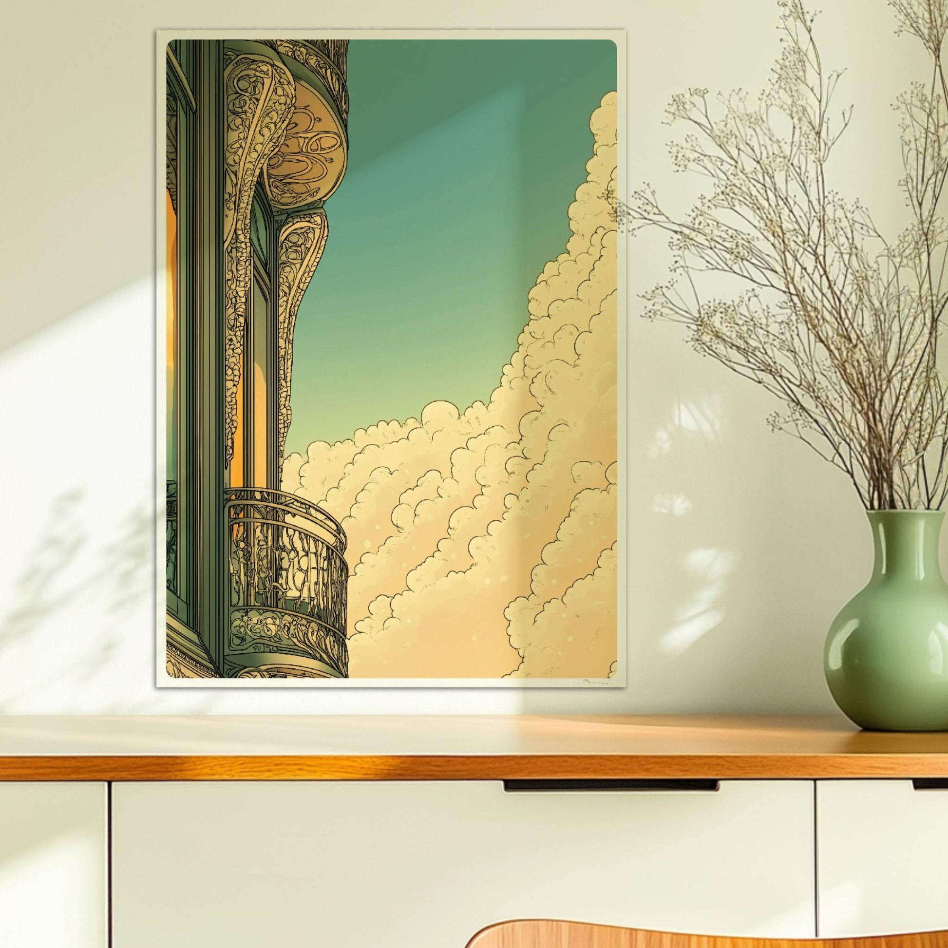 Jugendstil-Balkon mit filigranen Ornamenten, goldenen Spiegelungen und dramatischem Wolkenspiel vor blauem Himmel.. Ohne Rahmen 50x70