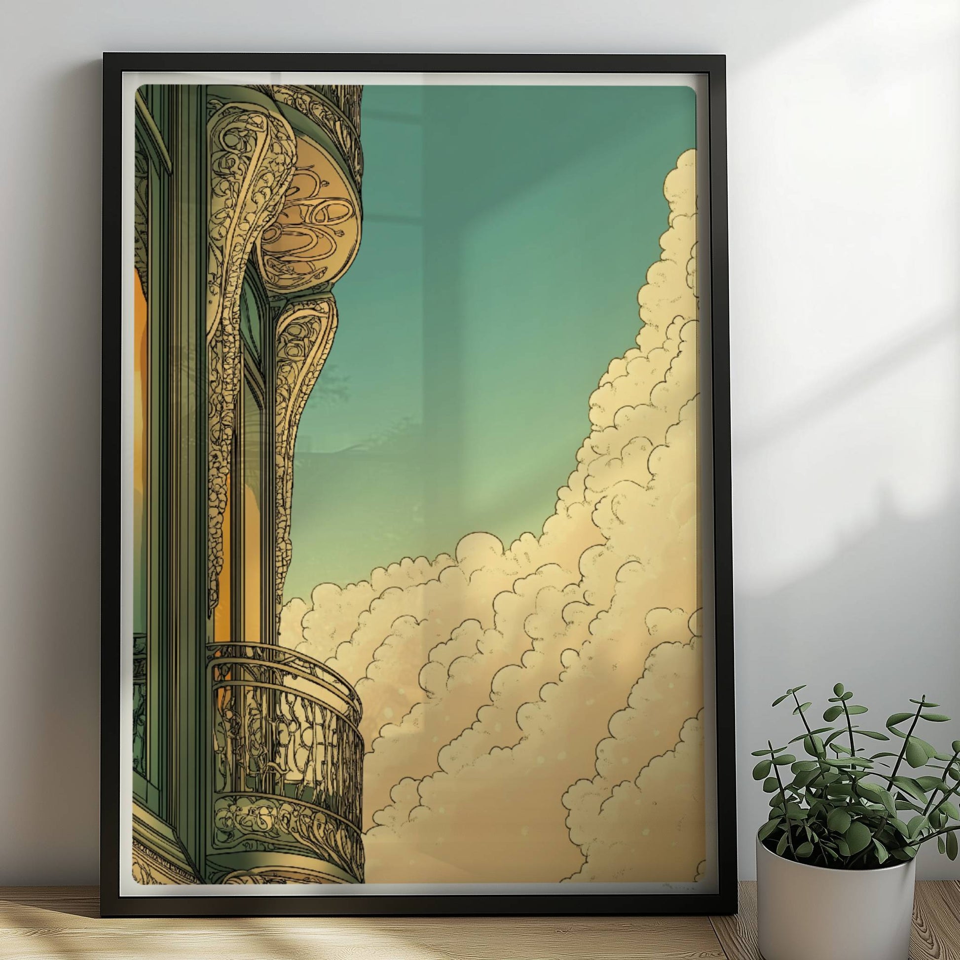 Jugendstil-Balkon mit filigranen Ornamenten, goldenen Spiegelungen und dramatischem Wolkenspiel vor blauem Himmel.. Rahmen schwarz 50x70