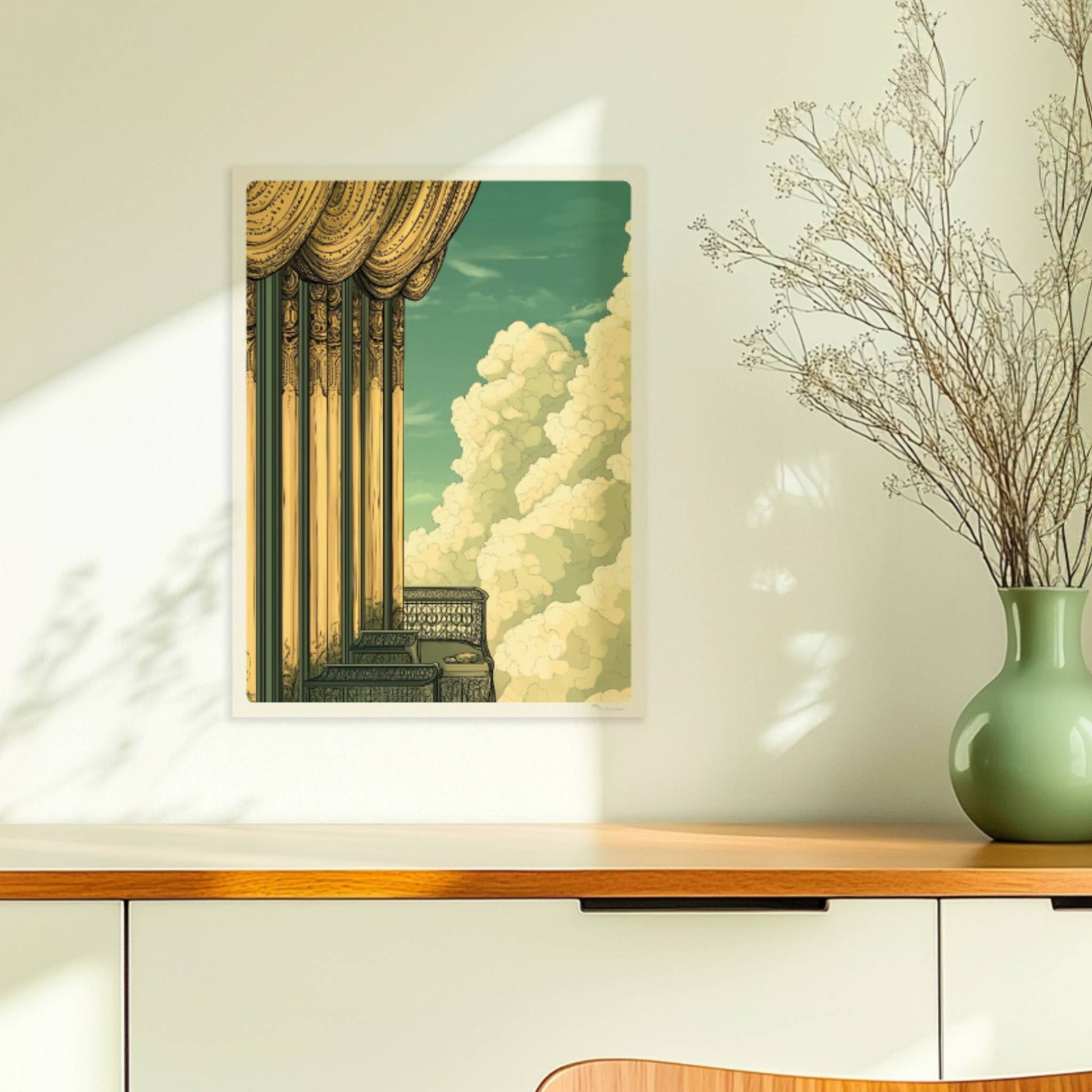 Prächtiger Jugendstil-Balkon mit goldenen Säulen, filigranen Geländern und weitem Blick in ein dramatisches Wolkenmeer.. Ohne Rahmen 30x40