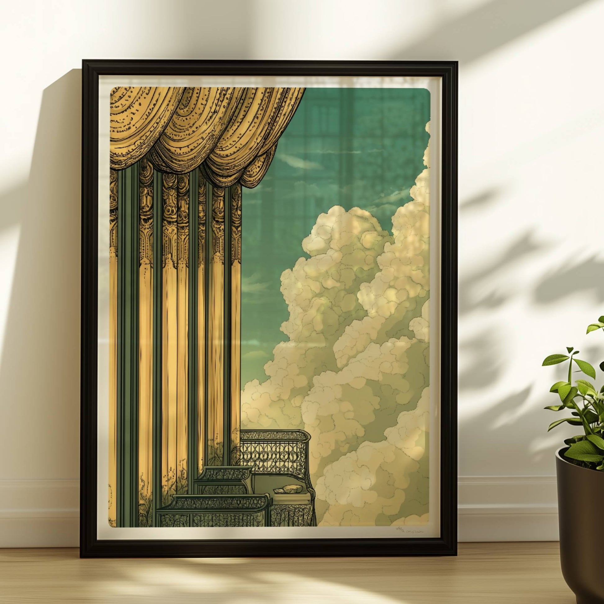 Prächtiger Jugendstil-Balkon mit goldenen Säulen, filigranen Geländern und weitem Blick in ein dramatisches Wolkenmeer.. Rahmen schwarz 30x40