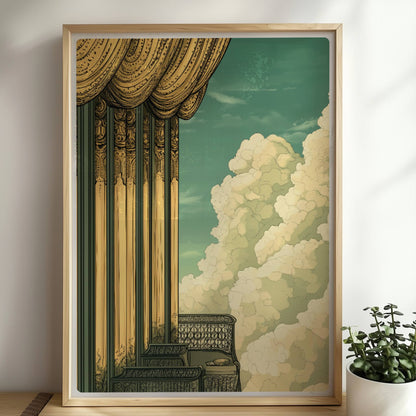 Prächtiger Jugendstil-Balkon mit goldenen Säulen, filigranen Geländern und weitem Blick in ein dramatisches Wolkenmeer.. Rahmen natur 50x70