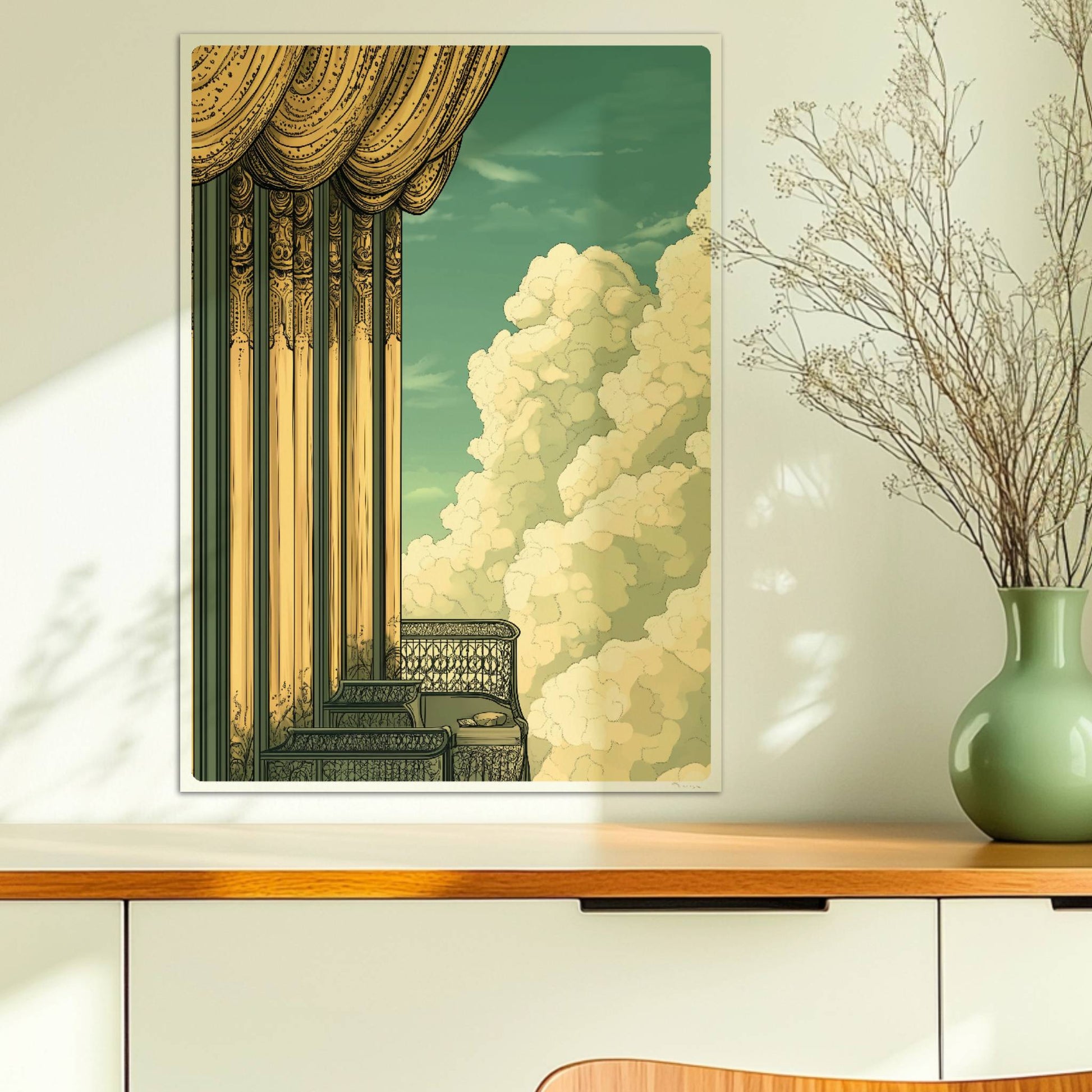 Prächtiger Jugendstil-Balkon mit goldenen Säulen, filigranen Geländern und weitem Blick in ein dramatisches Wolkenmeer.. Ohne Rahmen 50x70