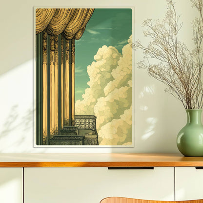 Prächtiger Jugendstil-Balkon mit goldenen Säulen, filigranen Geländern und weitem Blick in ein dramatisches Wolkenmeer.. Ohne Rahmen 50x70