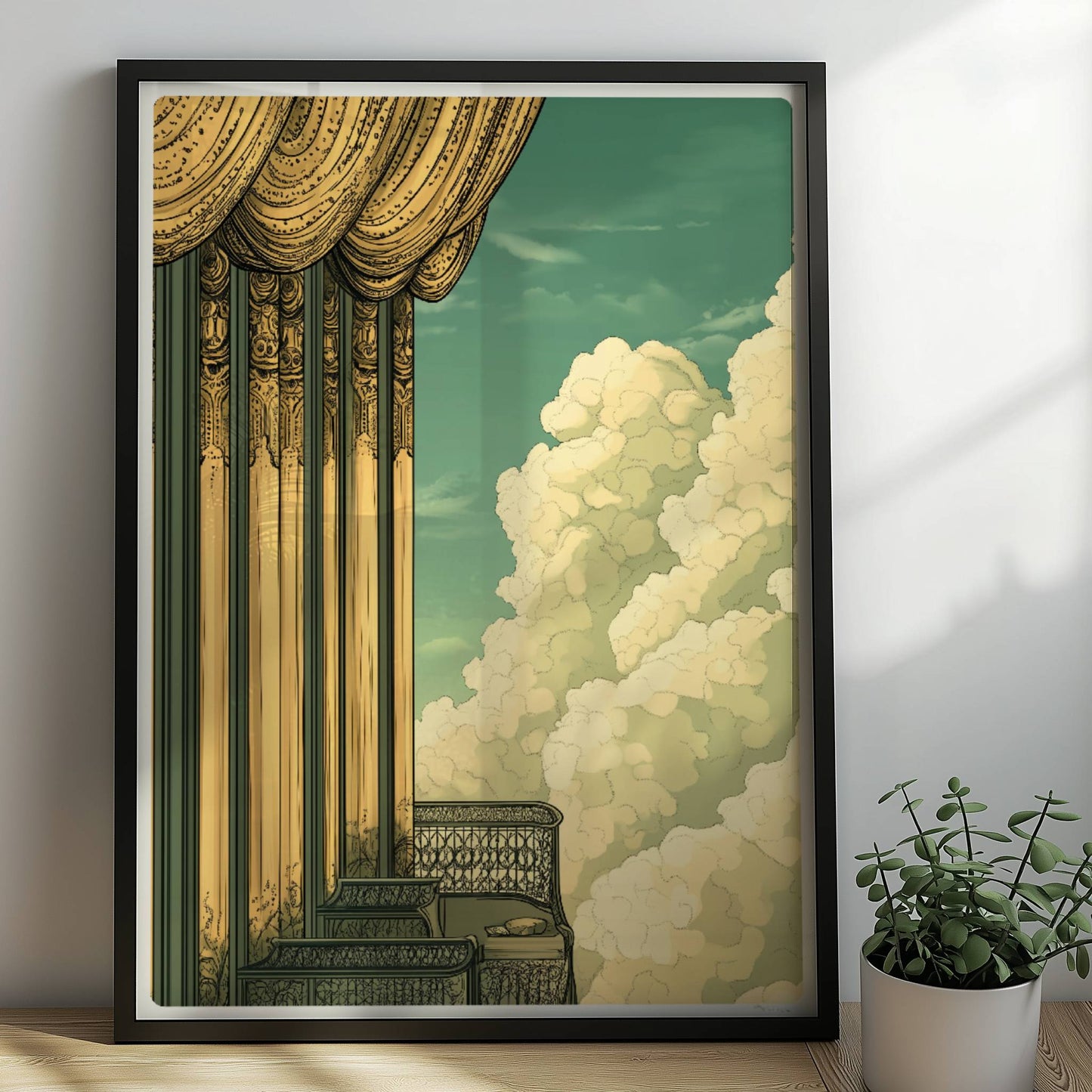 Prächtiger Jugendstil-Balkon mit goldenen Säulen, filigranen Geländern und weitem Blick in ein dramatisches Wolkenmeer.. Rahmen schwarz 50x70