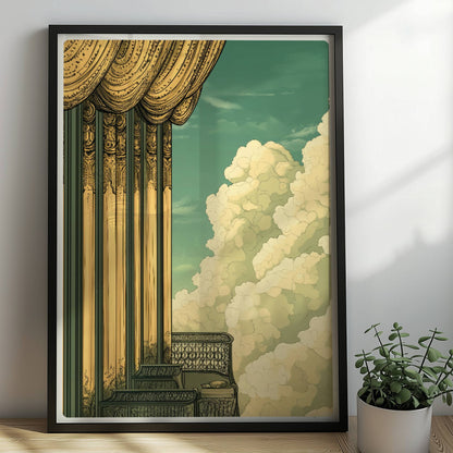 Prächtiger Jugendstil-Balkon mit goldenen Säulen, filigranen Geländern und weitem Blick in ein dramatisches Wolkenmeer.. Rahmen schwarz 50x70