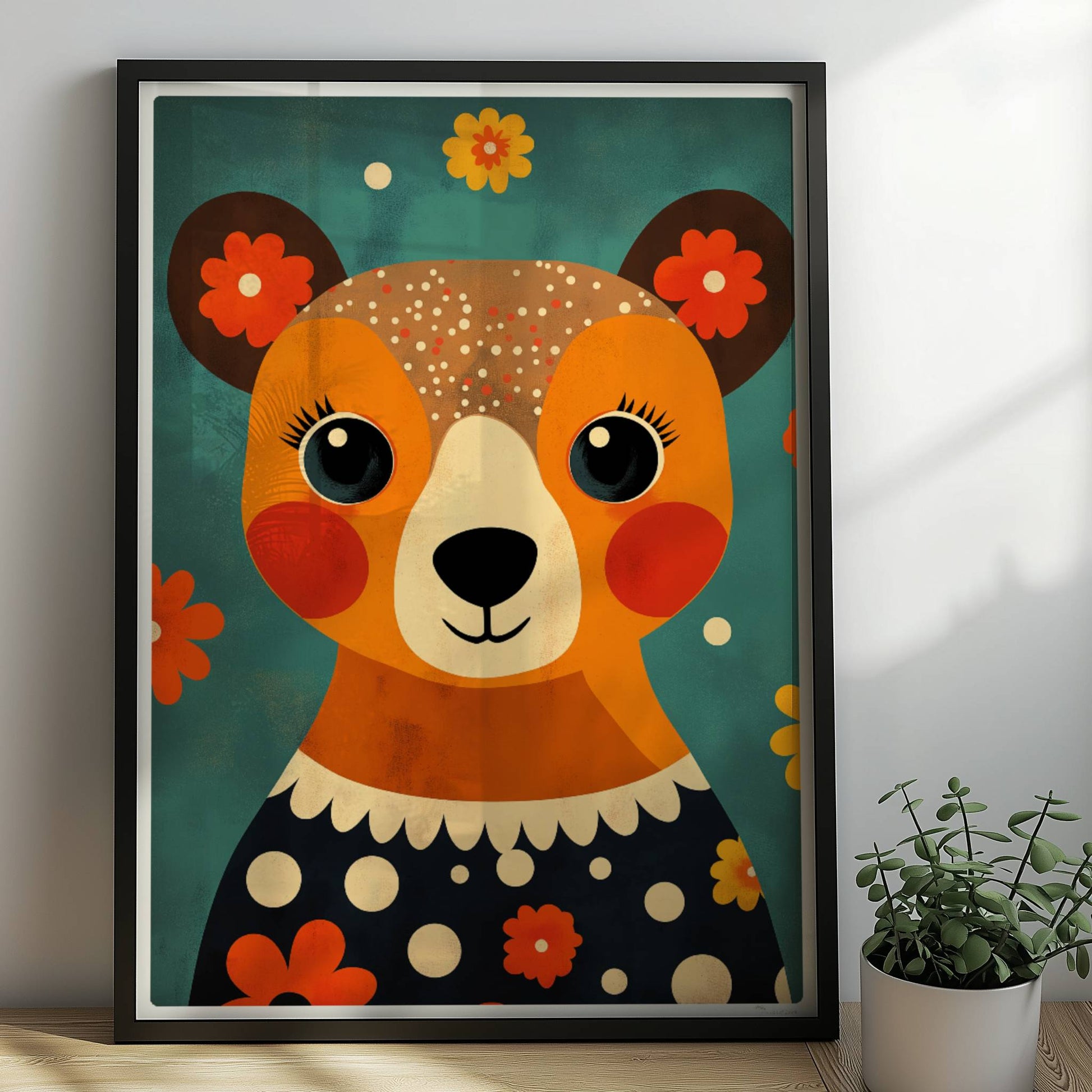 Niedlicher Bär im Retro-Blumenmuster, verspieltes Tierportrait mit großen Augen und bunten Details.. Rahmen schwarz 50x70
