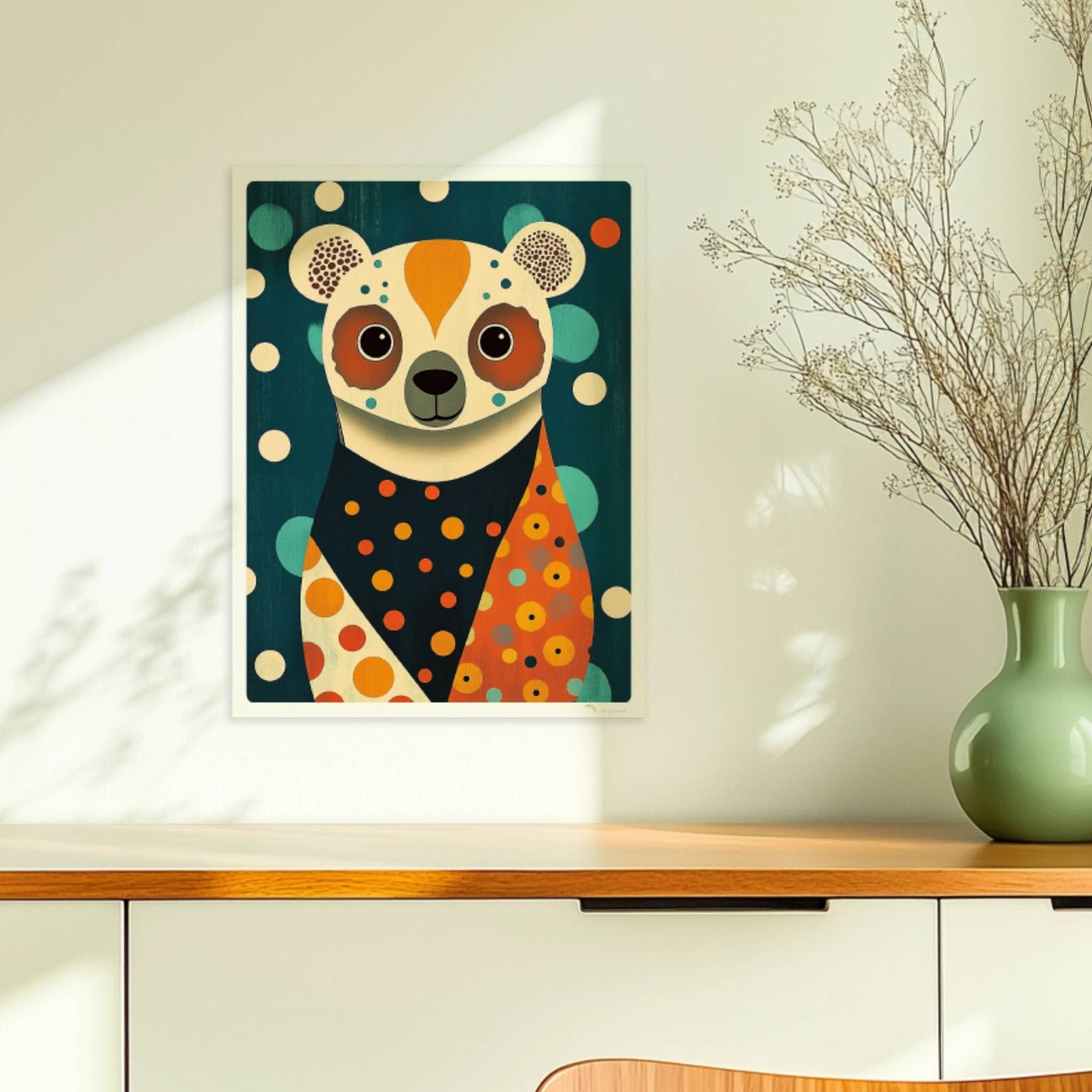 Verspielter Bär mit bunten Punkten, stilisiertes Tierportrait im modernen Retro-Look.. Ohne Rahmen 30x40