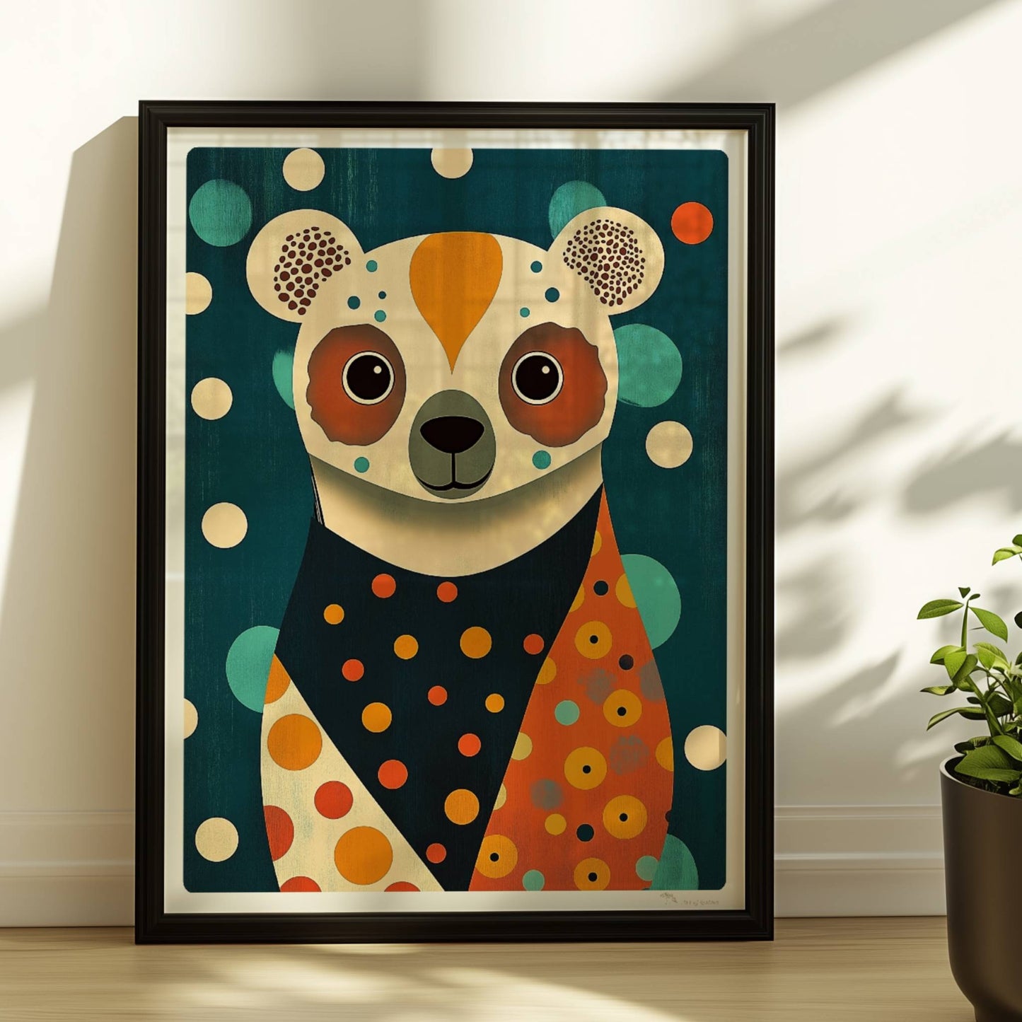 Verspielter Bär mit bunten Punkten, stilisiertes Tierportrait im modernen Retro-Look.. Rahmen schwarz 30x40