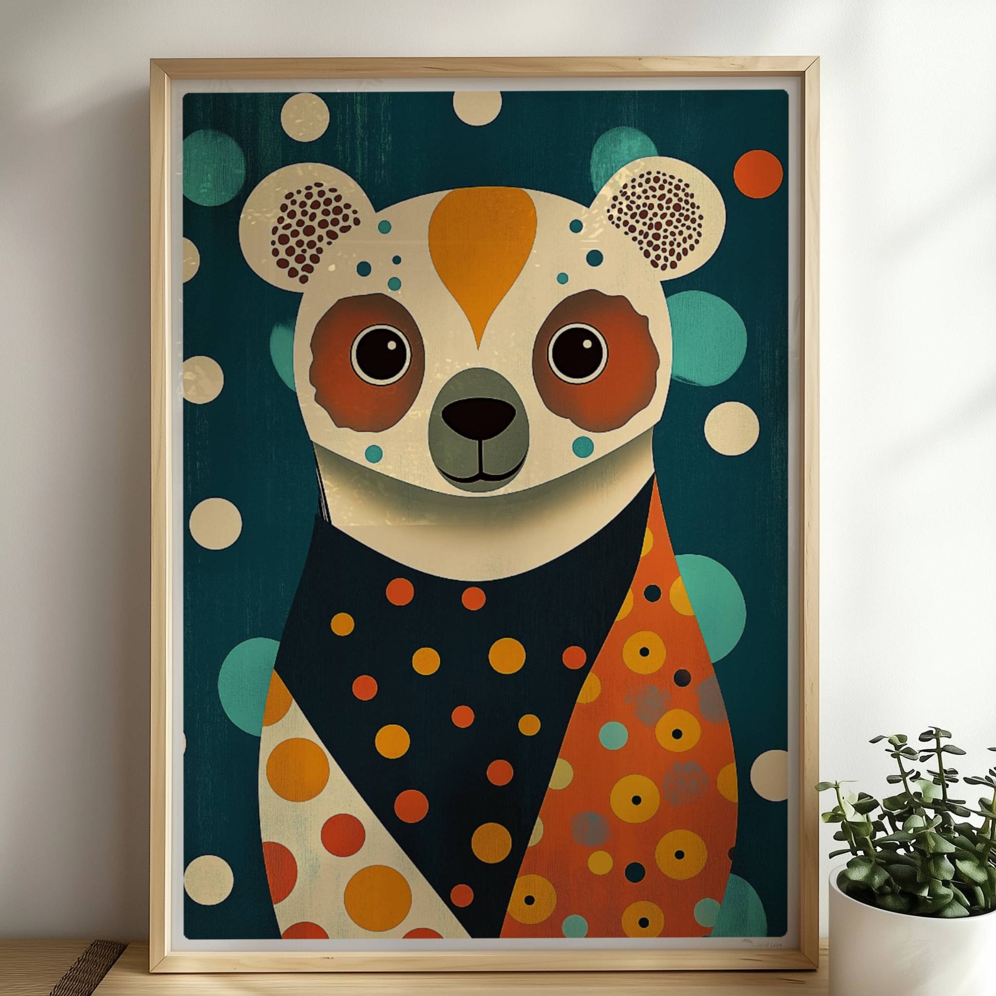 Verspielter Bär mit bunten Punkten, stilisiertes Tierportrait im modernen Retro-Look.. Rahmen natur 50x70