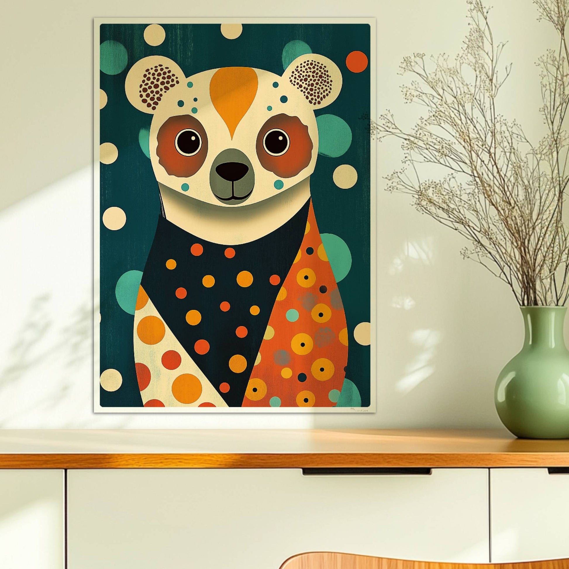 Verspielter Bär mit bunten Punkten, stilisiertes Tierportrait im modernen Retro-Look.. Ohne Rahmen 50x70