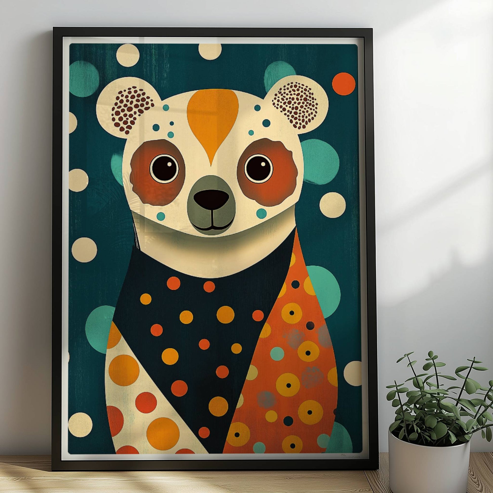 Verspielter Bär mit bunten Punkten, stilisiertes Tierportrait im modernen Retro-Look.. Rahmen schwarz 50x70