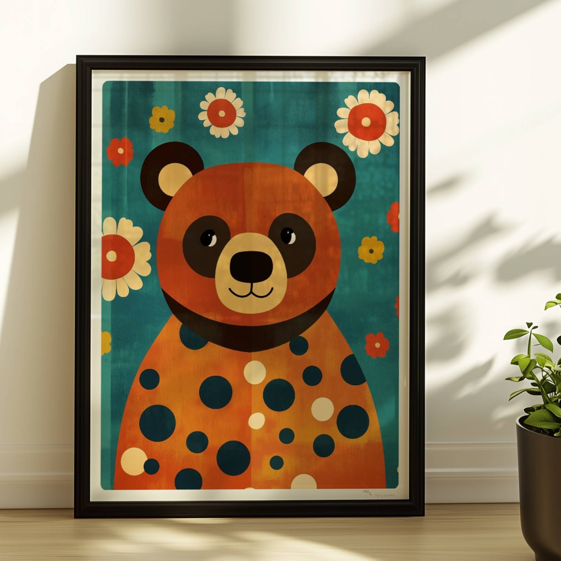 Fröhlicher Bär mit großen Punkten und Blumenhintergrund, verspieltes Tierbild im Retro-Stil.. Rahmen schwarz 30x40