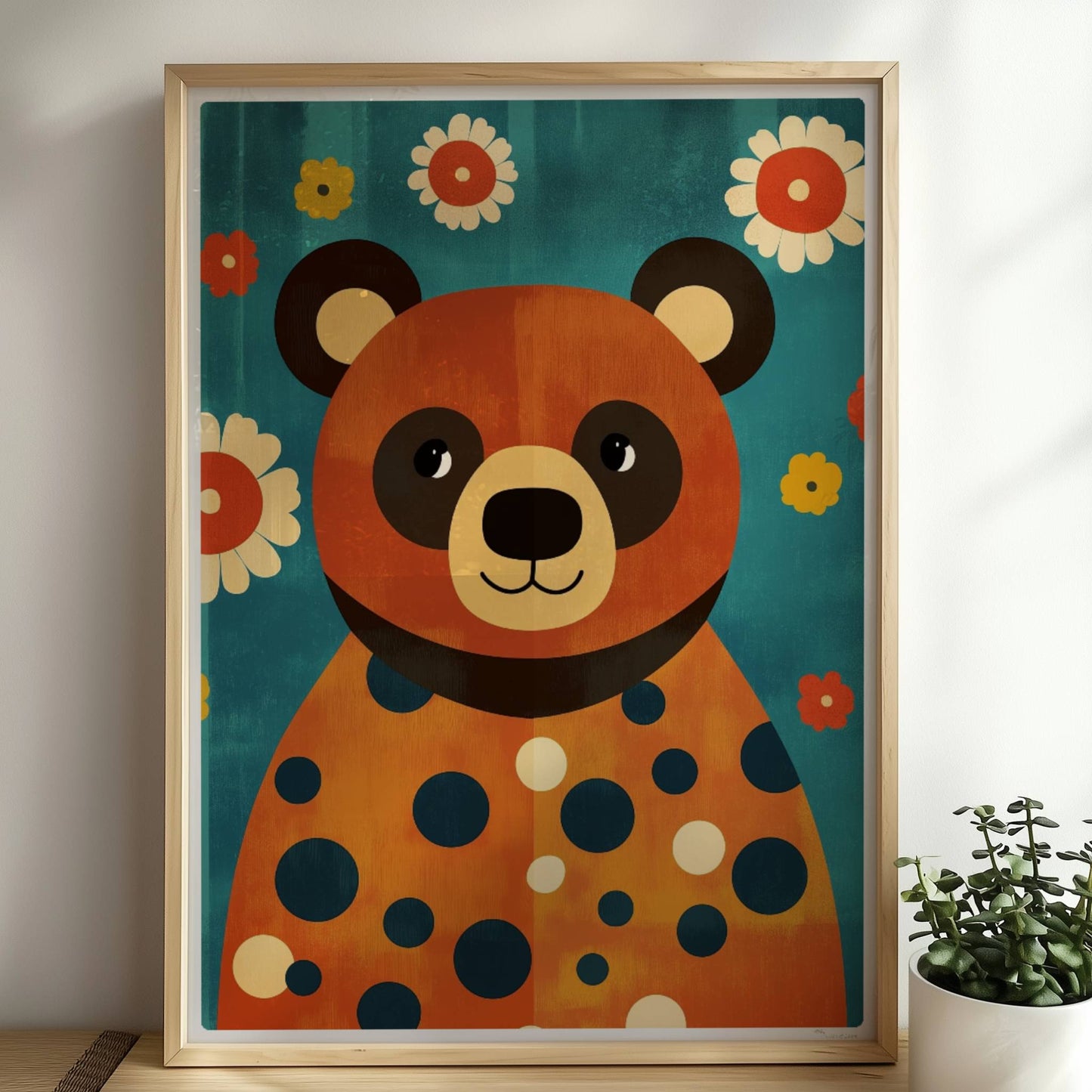 Fröhlicher Bär mit großen Punkten und Blumenhintergrund, verspieltes Tierbild im Retro-Stil.. Rahmen natur 50x70