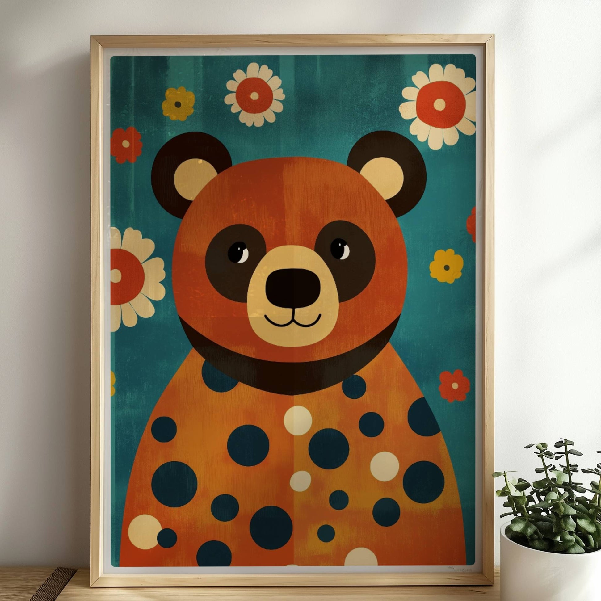 Fröhlicher Bär mit großen Punkten und Blumenhintergrund, verspieltes Tierbild im Retro-Stil.. Rahmen natur 50x70