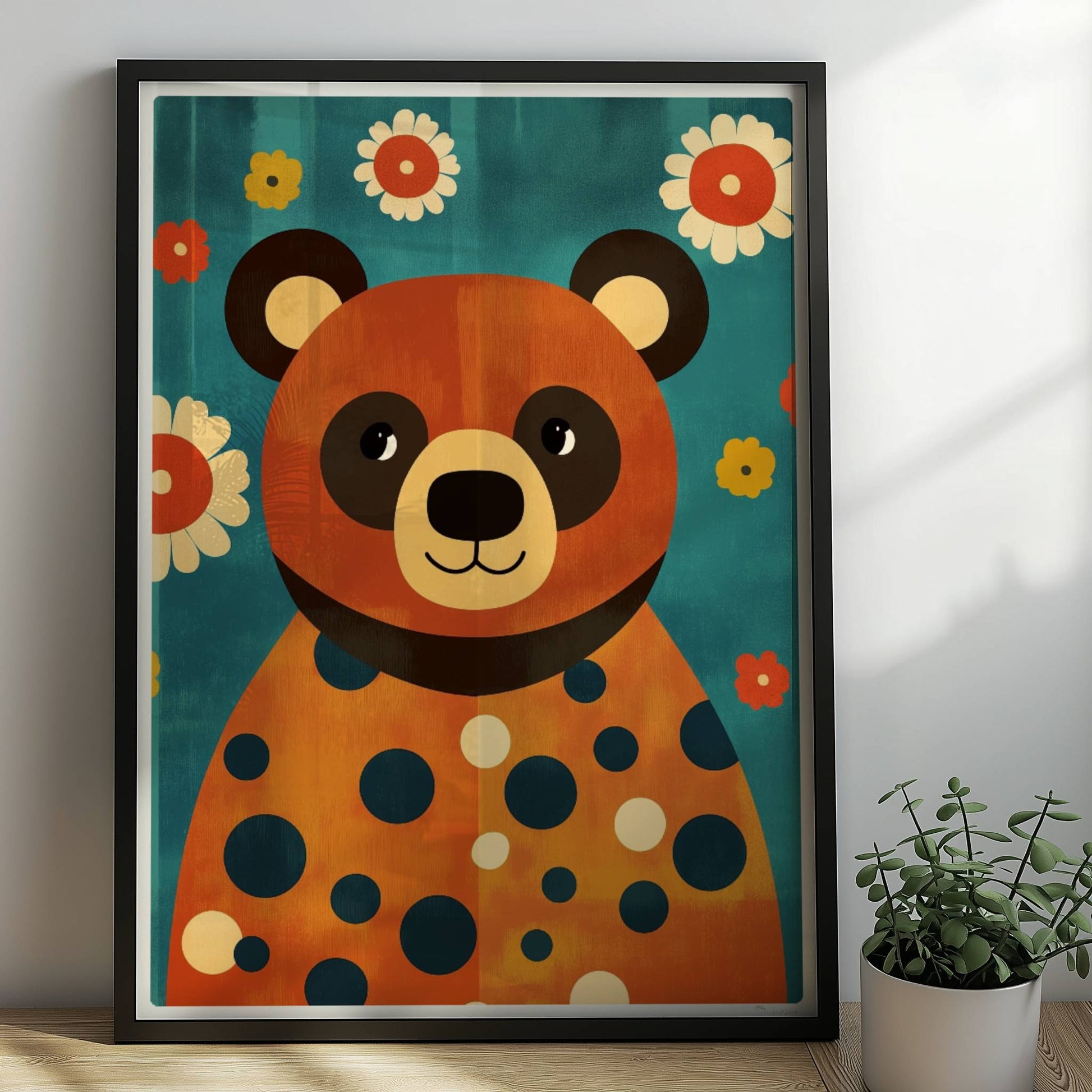 Fröhlicher Bär mit großen Punkten und Blumenhintergrund, verspieltes Tierbild im Retro-Stil.. Rahmen schwarz 50x70