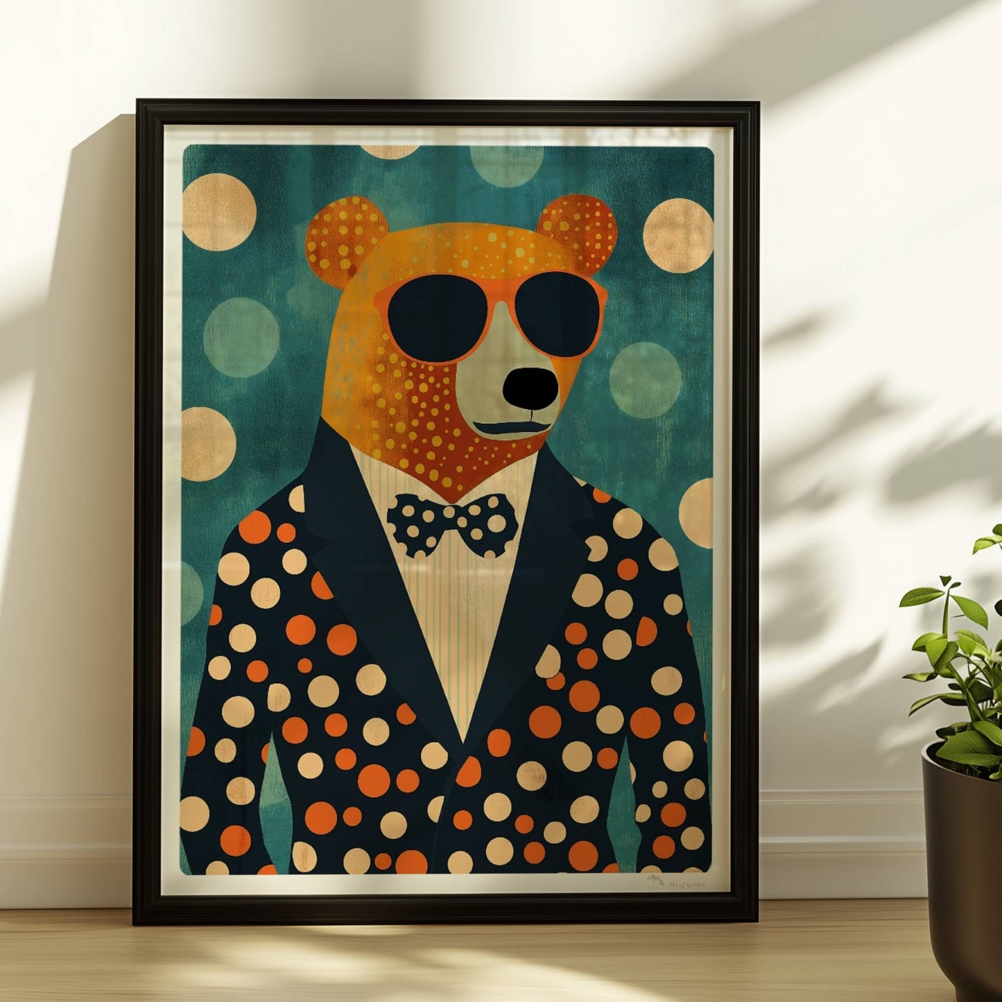 Stylischer Bär im Anzug mit Sonnenbrille und Punkten, lustige Tierillustration für moderne Räume.. Rahmen schwarz 30x40