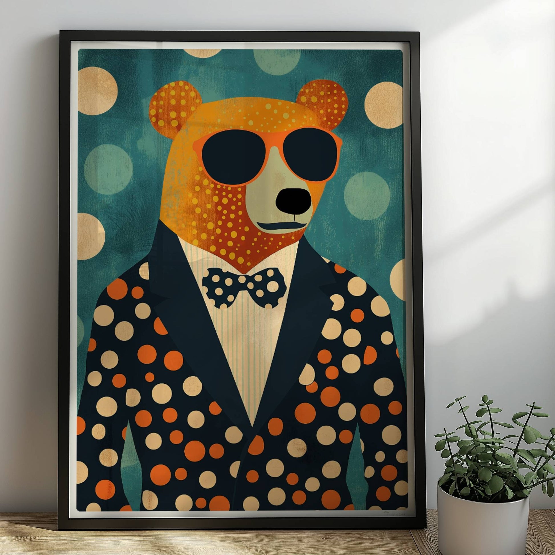 Stylischer Bär im Anzug mit Sonnenbrille und Punkten, lustige Tierillustration für moderne Räume.. Rahmen schwarz 50x70